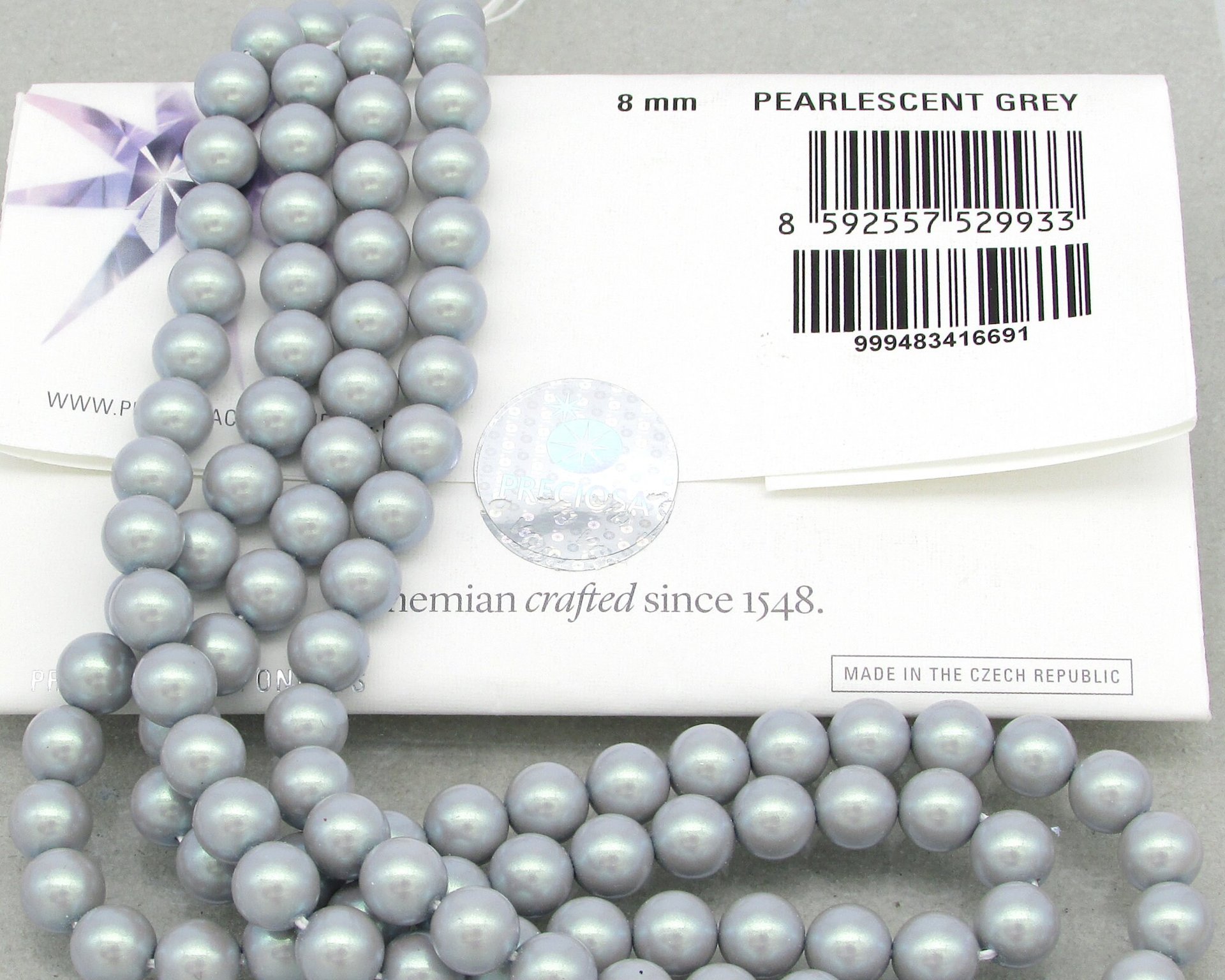 Pearlescent Grey Preciosa Crystal Nacre Pearls, 6mm 8mm Rounds