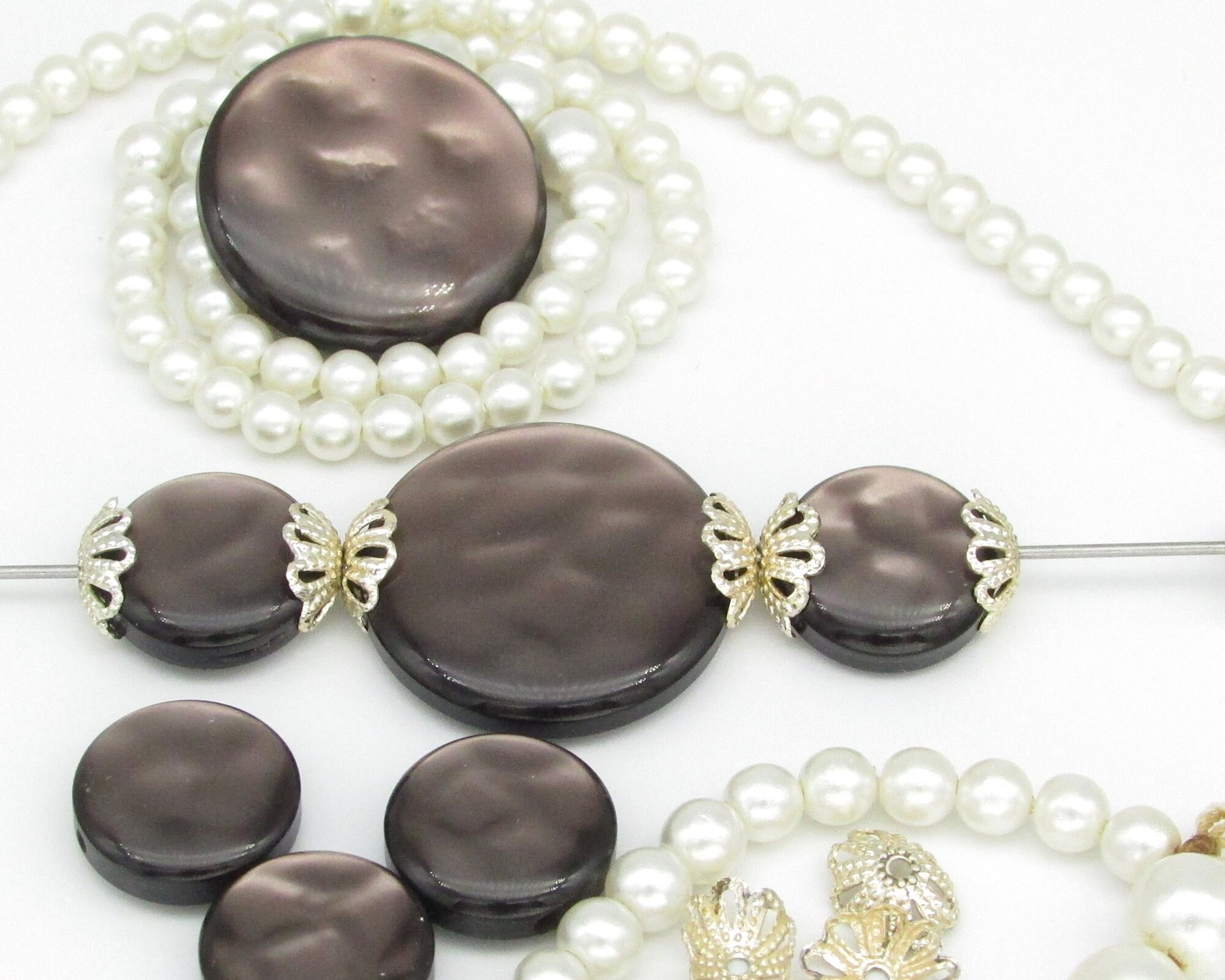 Salvaged Bead Lot, Vintage Faux Pearls and Bead Caps