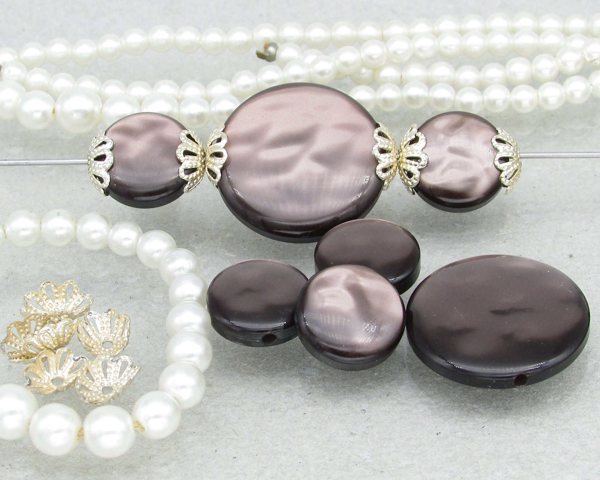 Salvaged Bead Lot, Vintage Faux Pearls and Bead Caps