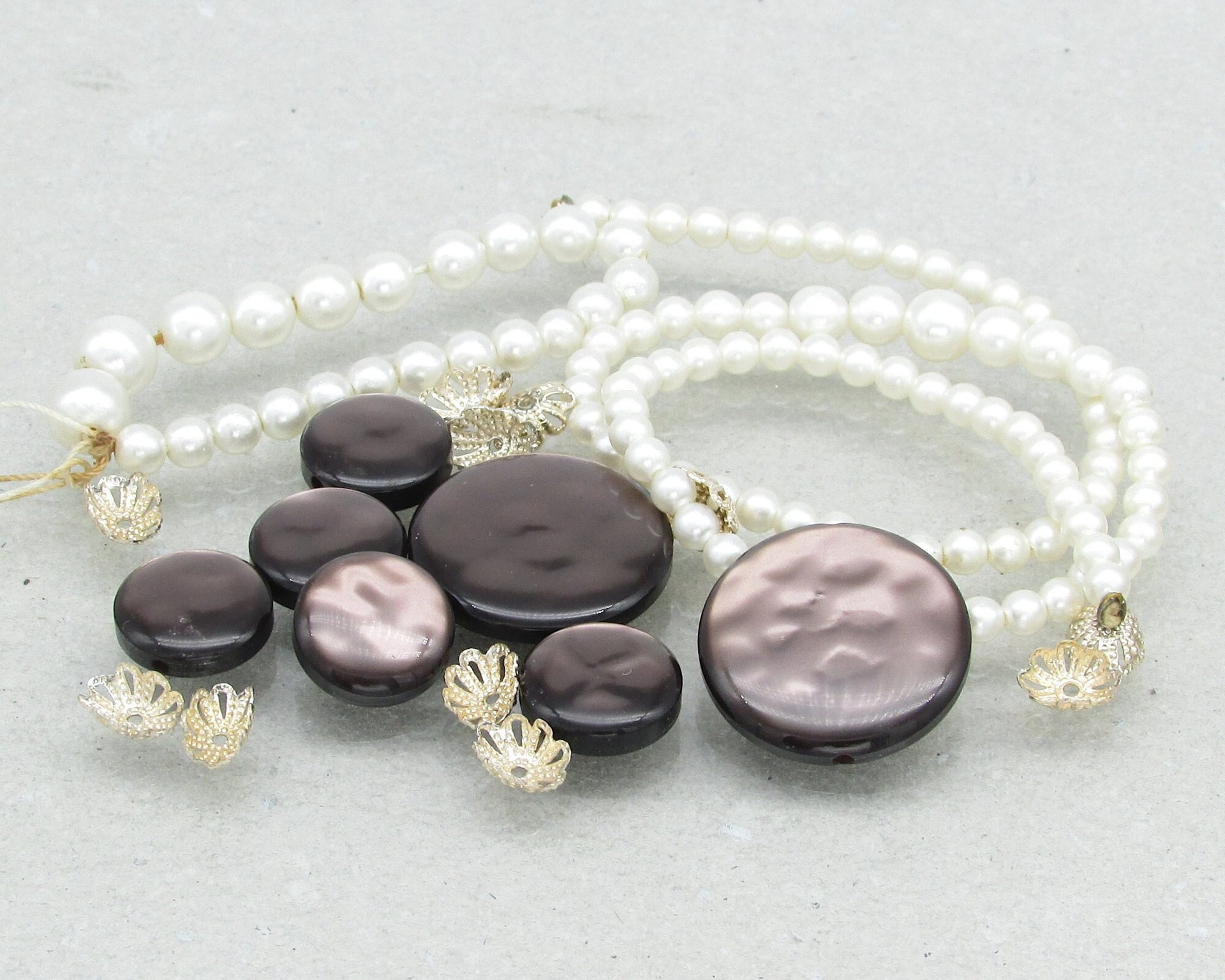 Salvaged Bead Lot, Vintage Faux Pearls and Bead Caps