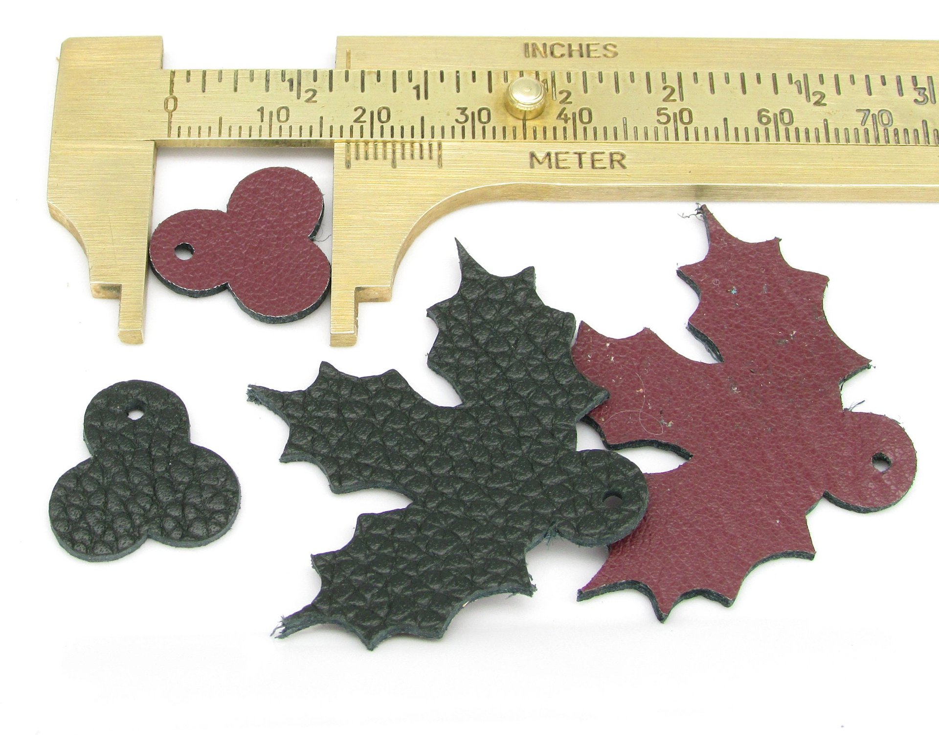 1.5" Holly Leaf and Berry Reversible Leather Cut-Outs
