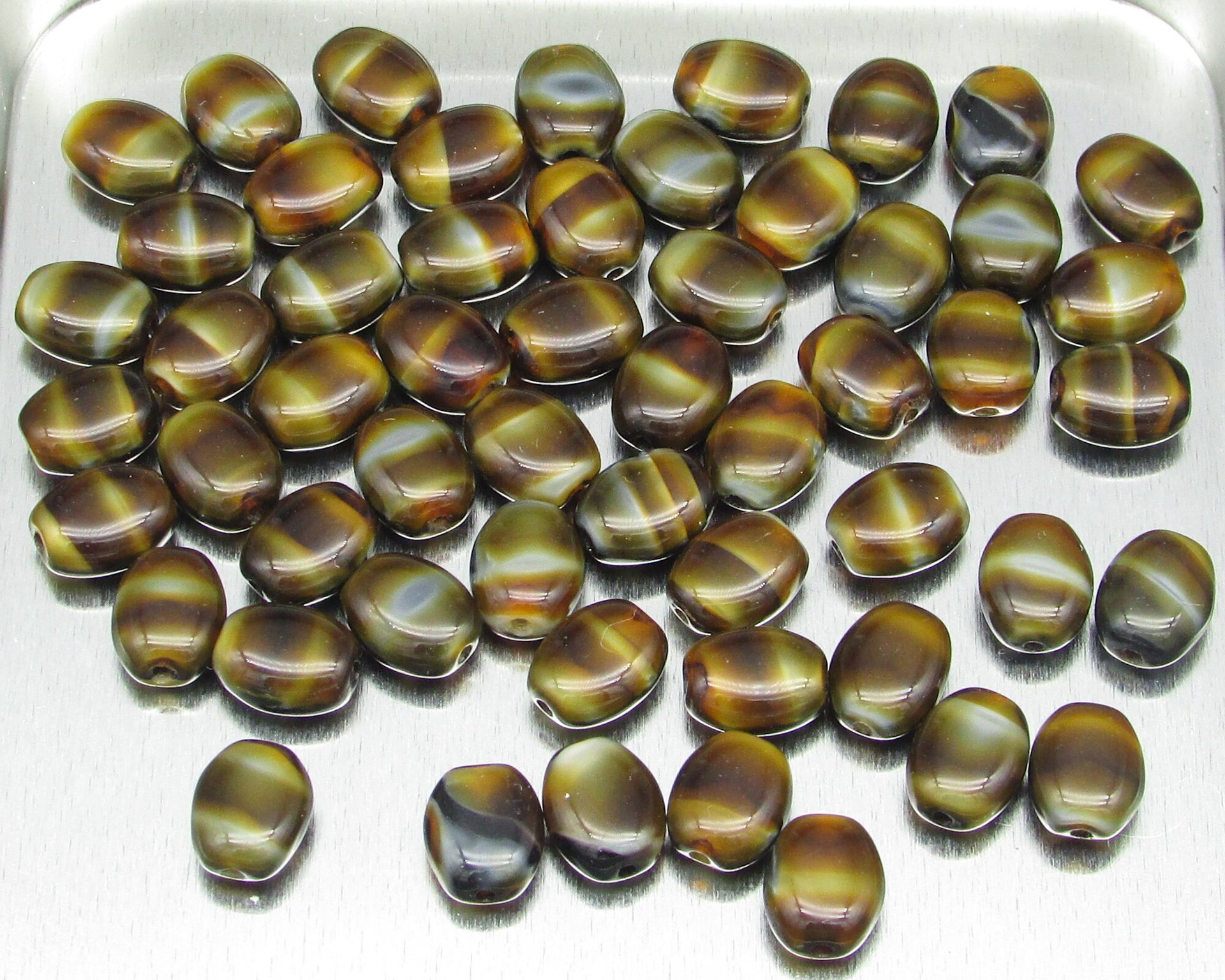 8x6.5mm Oval Brown Striped Opaque Czech Glass Beads