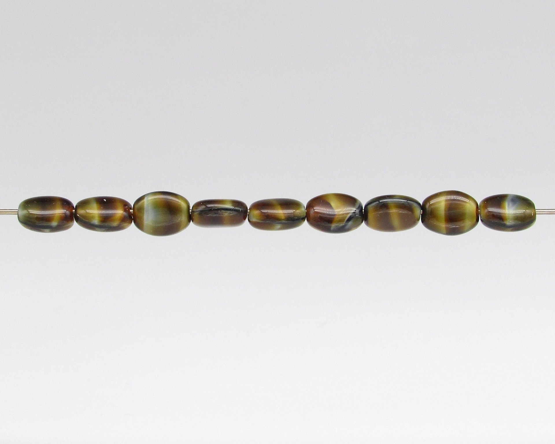 8x6.5mm Oval Brown Striped Opaque Czech Glass Beads