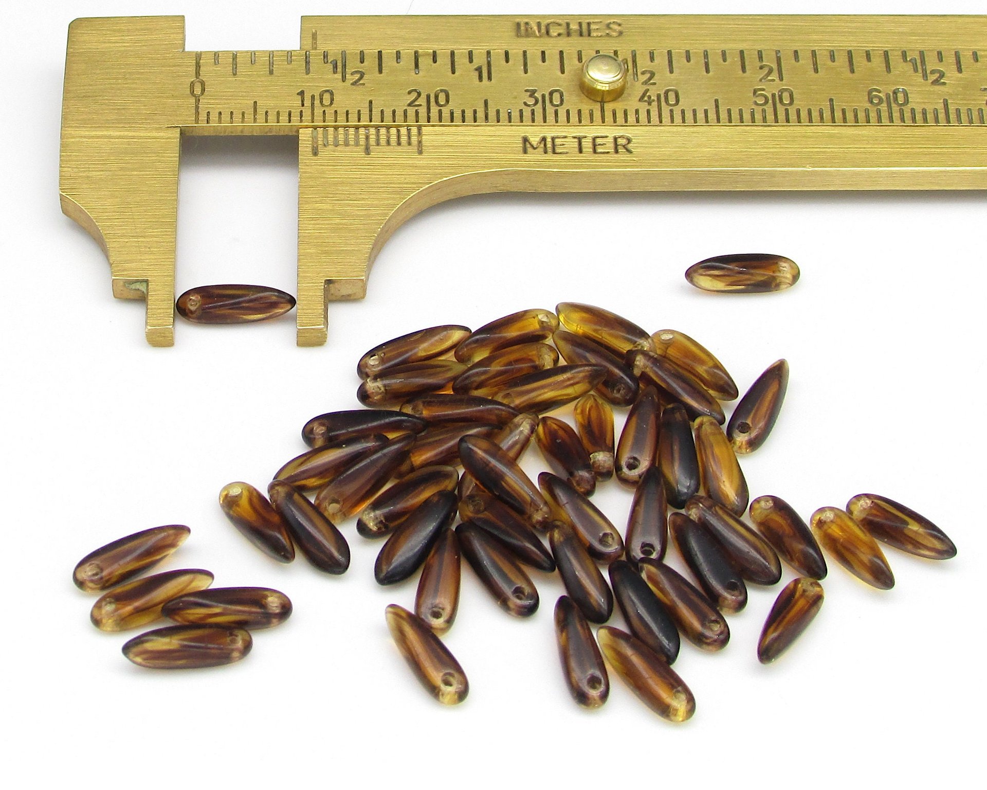 3x10mm Dagger Beads, Tiny Translucent Brown Czech Glass