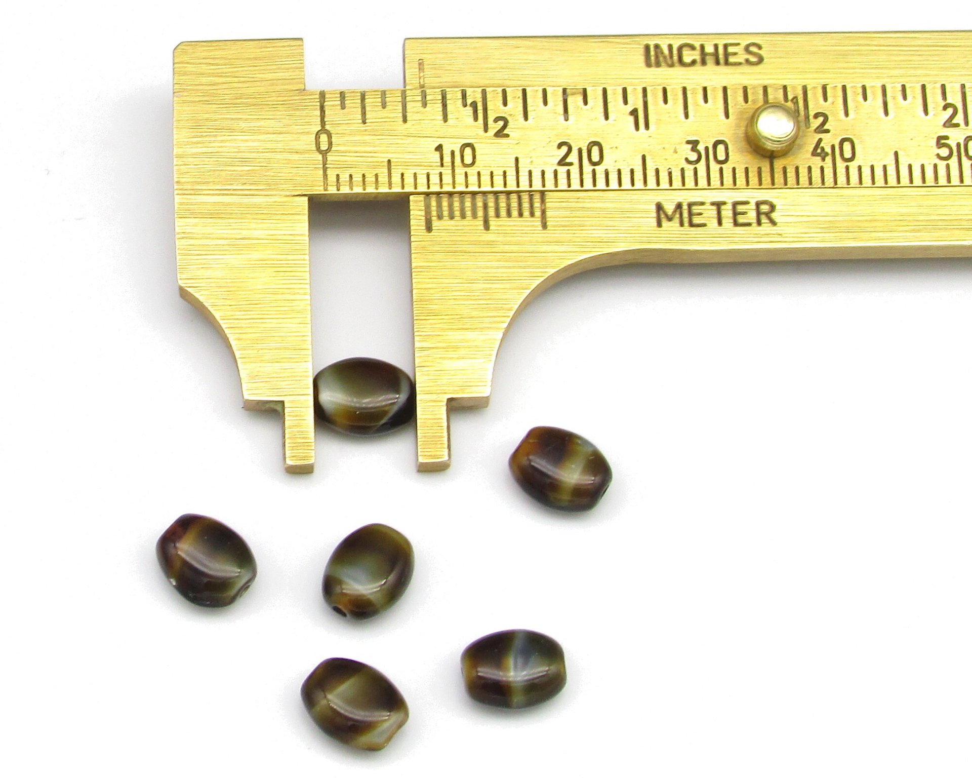 8x6.5mm Oval Brown Striped Opaque Czech Glass Beads