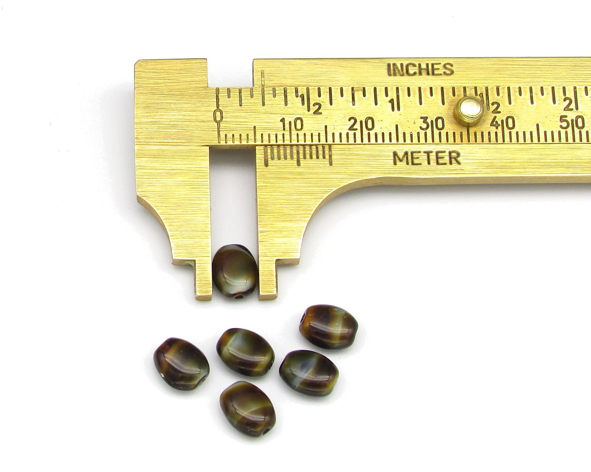 8x6.5mm Oval Brown Striped Opaque Czech Glass Beads