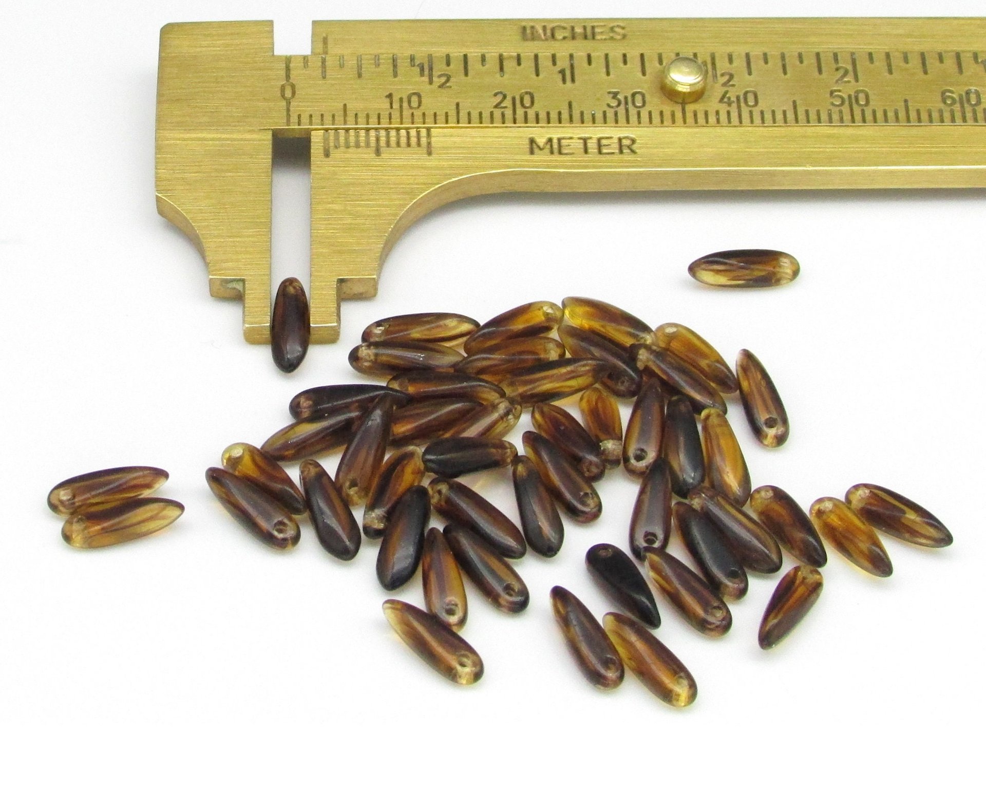 3x10mm Dagger Beads, Tiny Translucent Brown Czech Glass
