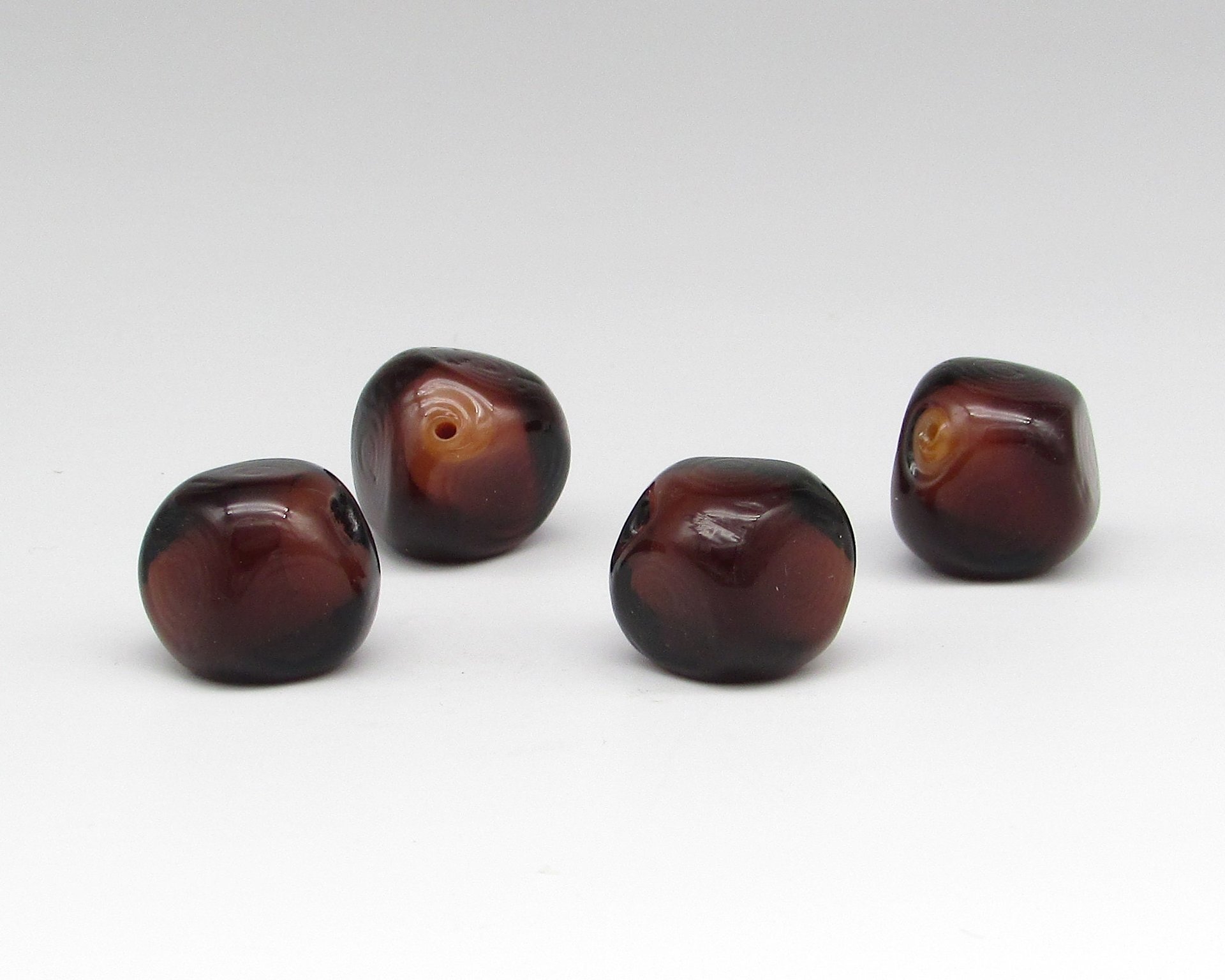15mm Brown Glass Cube Beads, Vintage Lampwork Nuggets