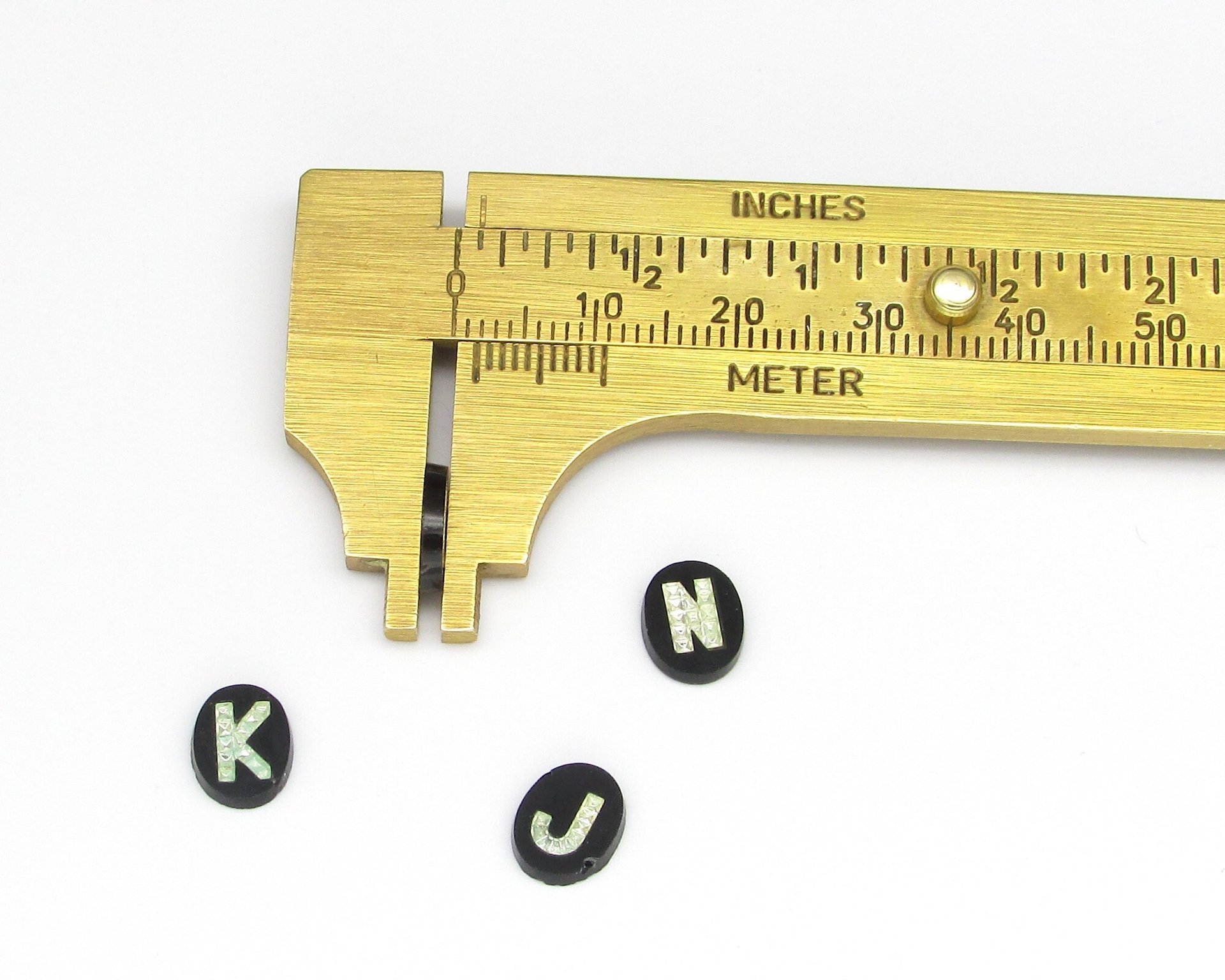 Vintage Initial Cabochon, Black Glass with Rhinestone Letter, 9x7mm Flat Oval