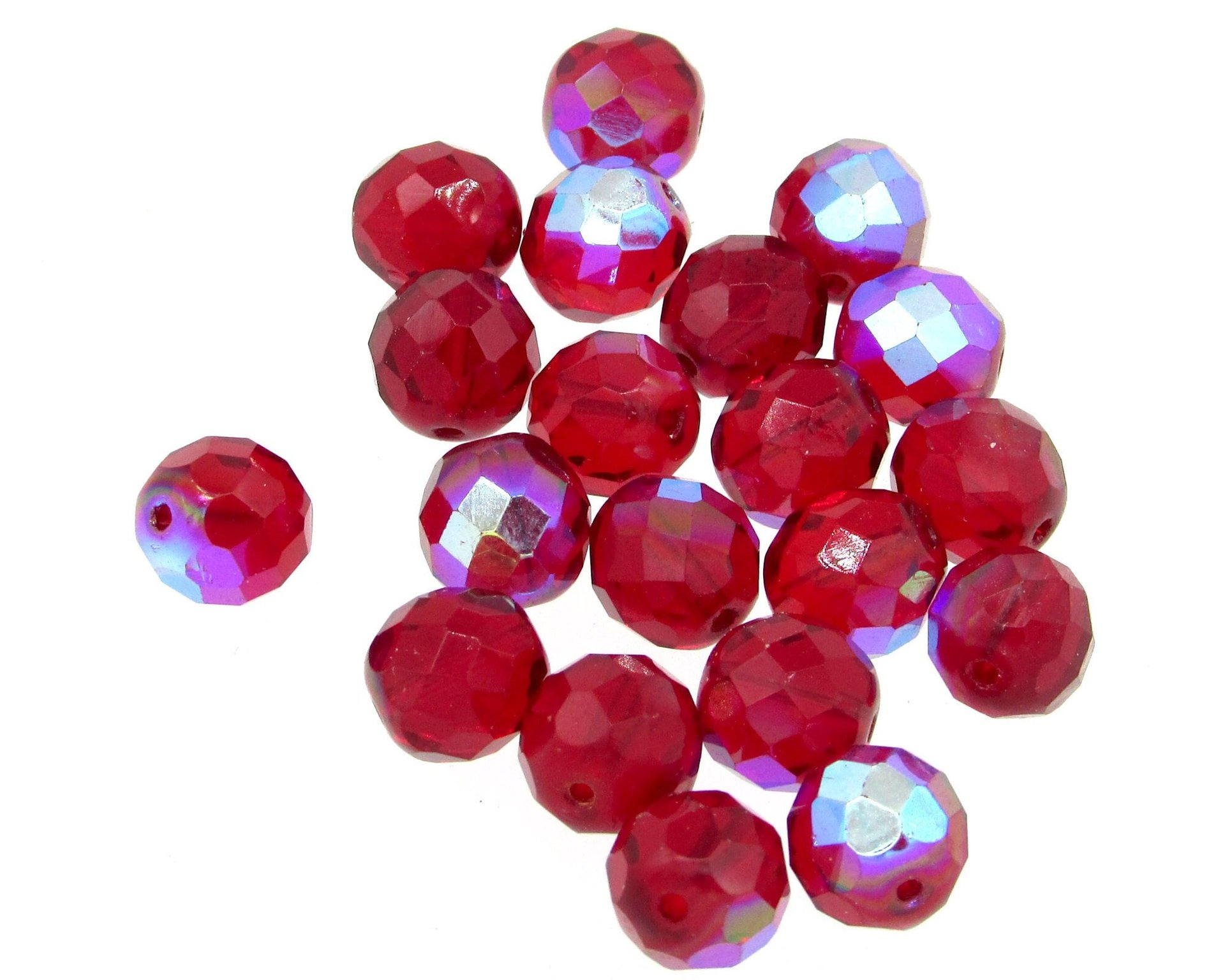 Fire polished faceted round beads measure 10mm in diameter with 1mm center holes. These translucent red glass beads were Czech Republic.  Available in Siam AB, Siam Azuro, Garnet, and Garnet AB finishes.