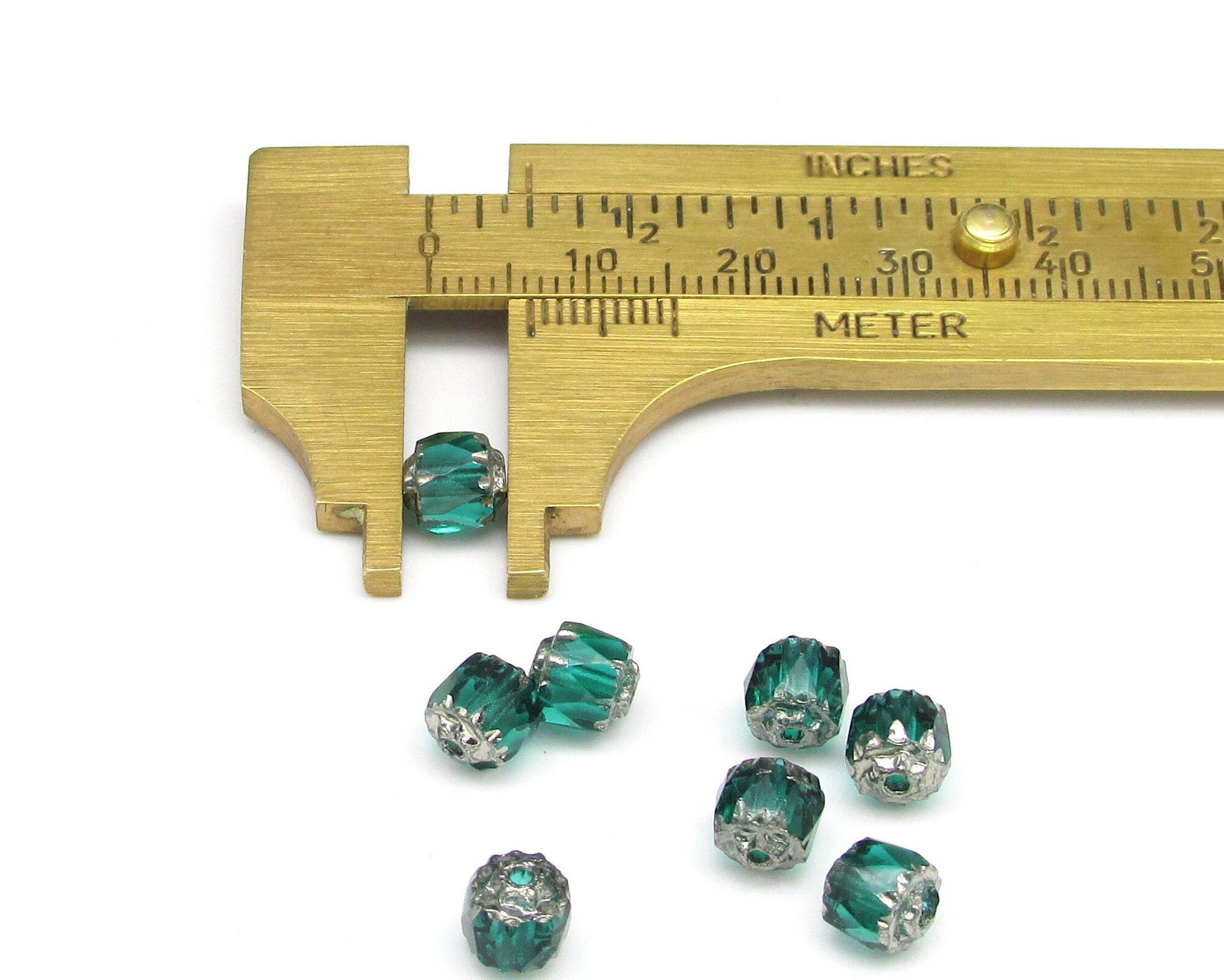 6mm Faceted Cathedral Beads, Translucent Emerald Green with Silver Etched Crowns, Czech Fire Polished Barrels