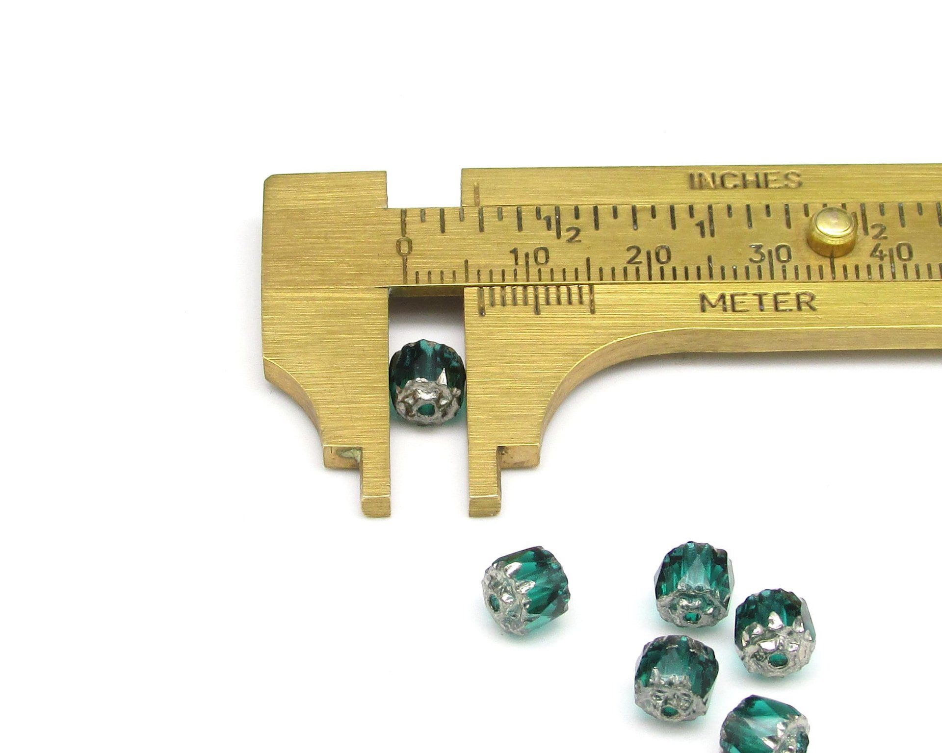 6mm Faceted Cathedral Beads, Translucent Emerald Green with Silver Etched Crowns, Czech Fire Polished Barrels