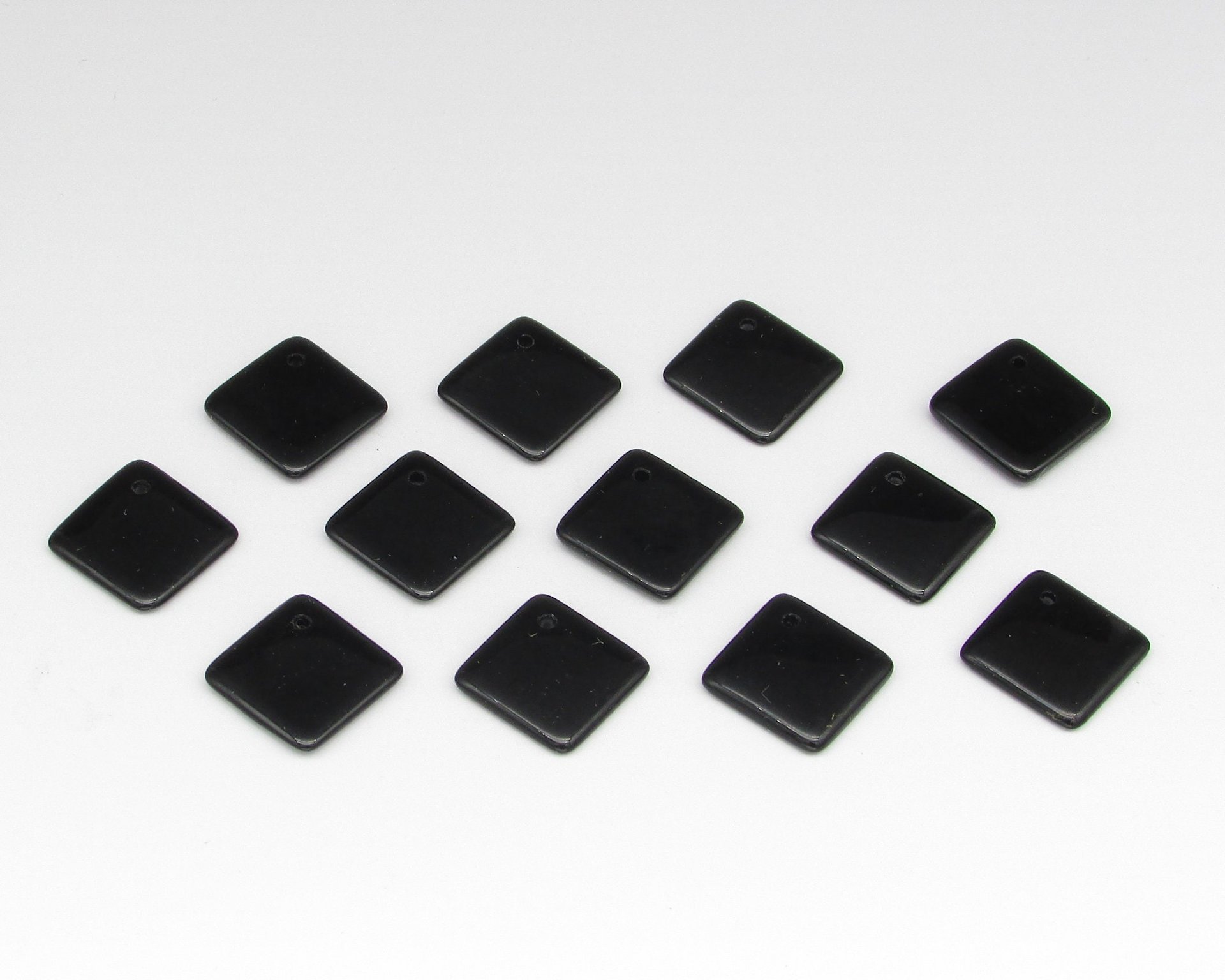 Vintage Glass Pendant Beads, Opaque Jet 14mm Square with Offset Hole