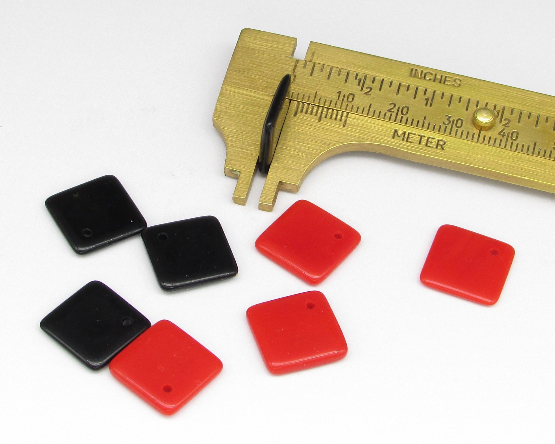 Vintage Glass Pendant Beads, Opaque Jet 14mm Square with Offset Hole