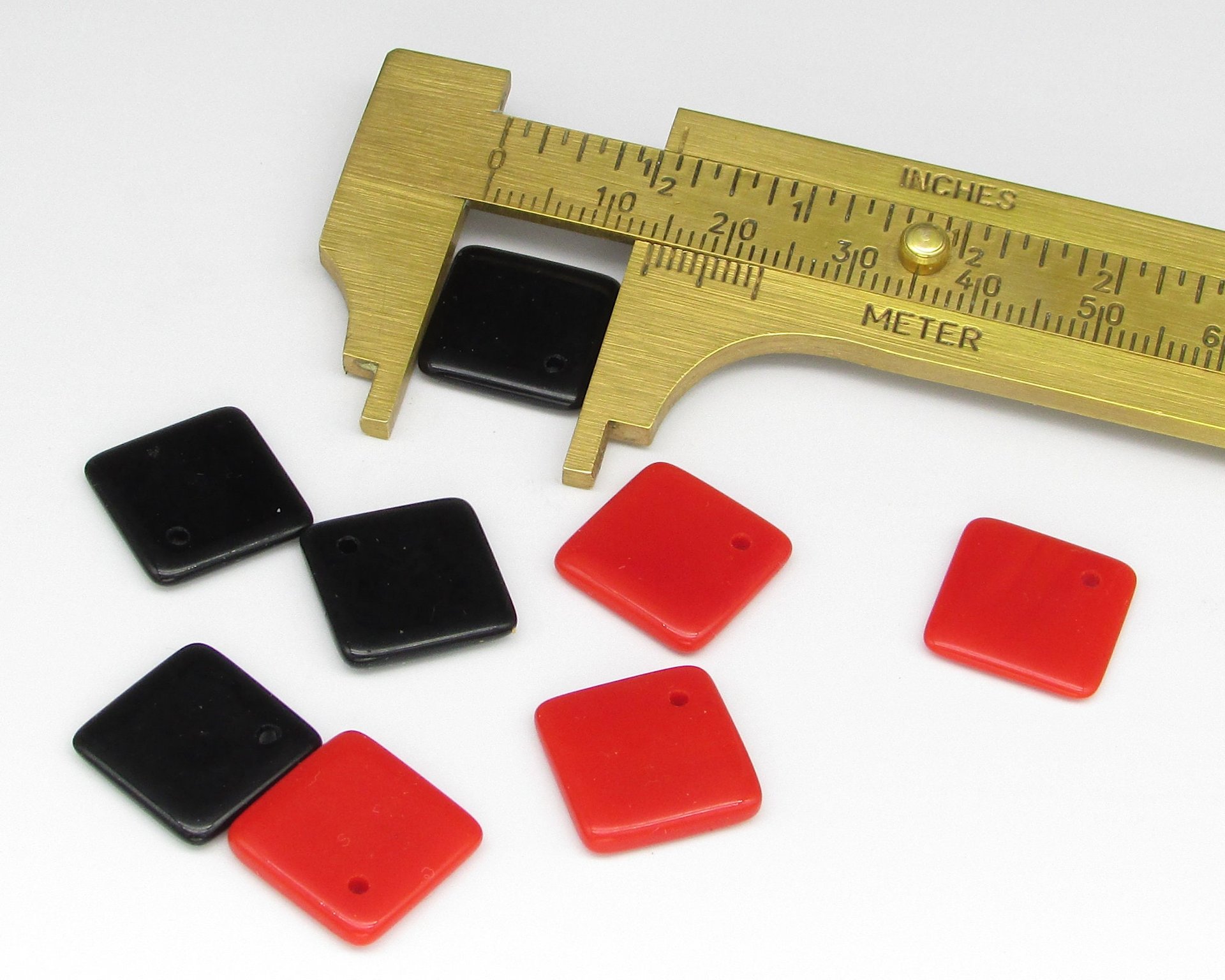 Vintage Glass Pendant Beads, Opaque Red 14mm Square with Offset Hole