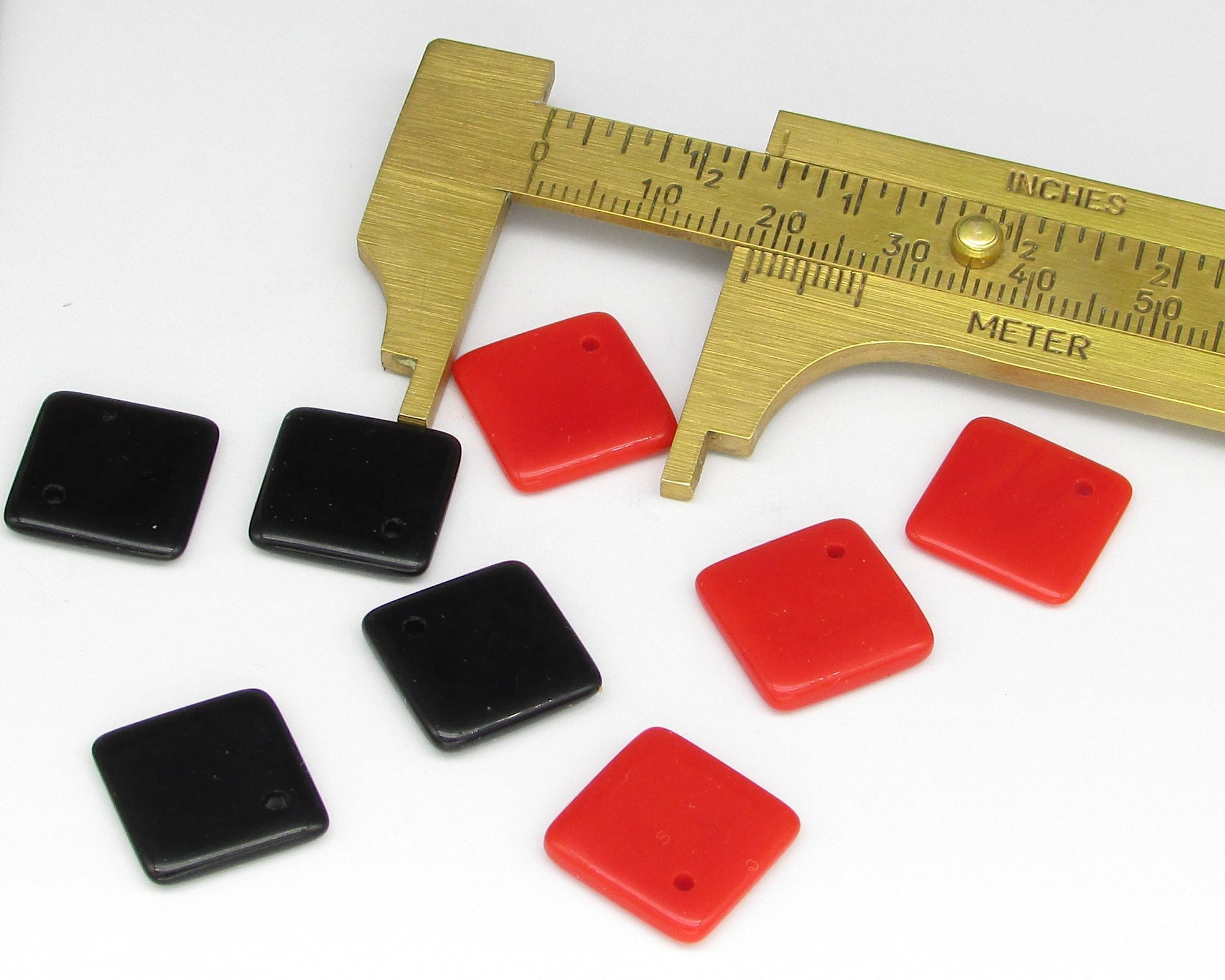 Vintage Glass Pendant Beads, Opaque Red 14mm Square with Offset Hole