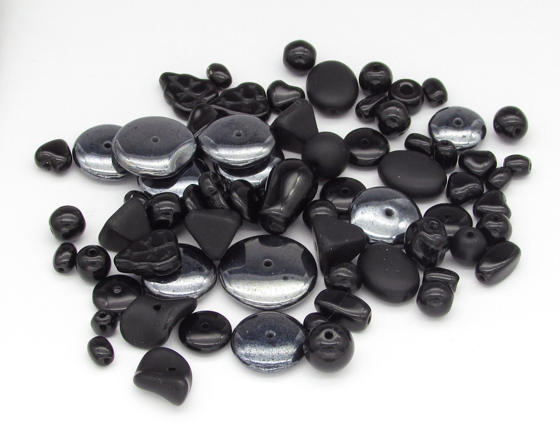Black Bead Mix, Vintage Czech Pressed Glass