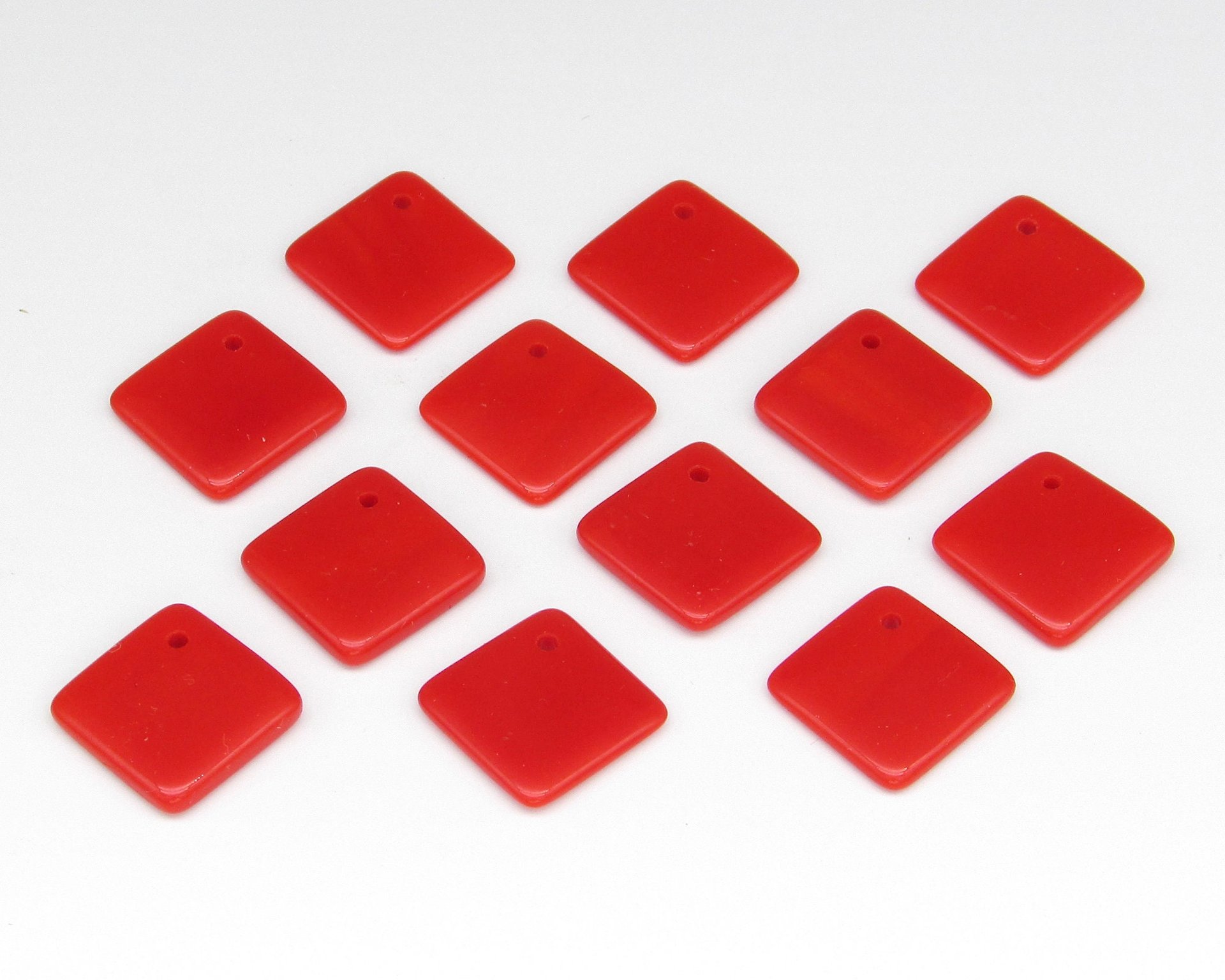 Vintage Glass Pendant Beads, Opaque Red 14mm Square with Offset Hole