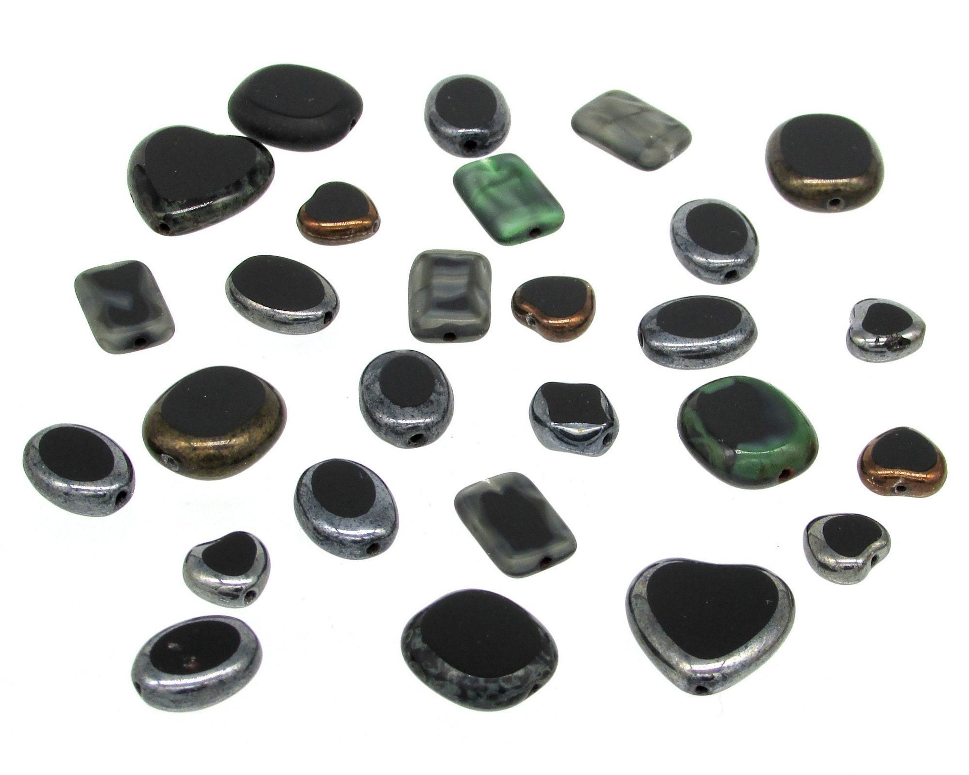 Flat Bead Mix, Opaque Black Picasso Czech Glass 2-Cut Hearts, Ovals and Rectangles