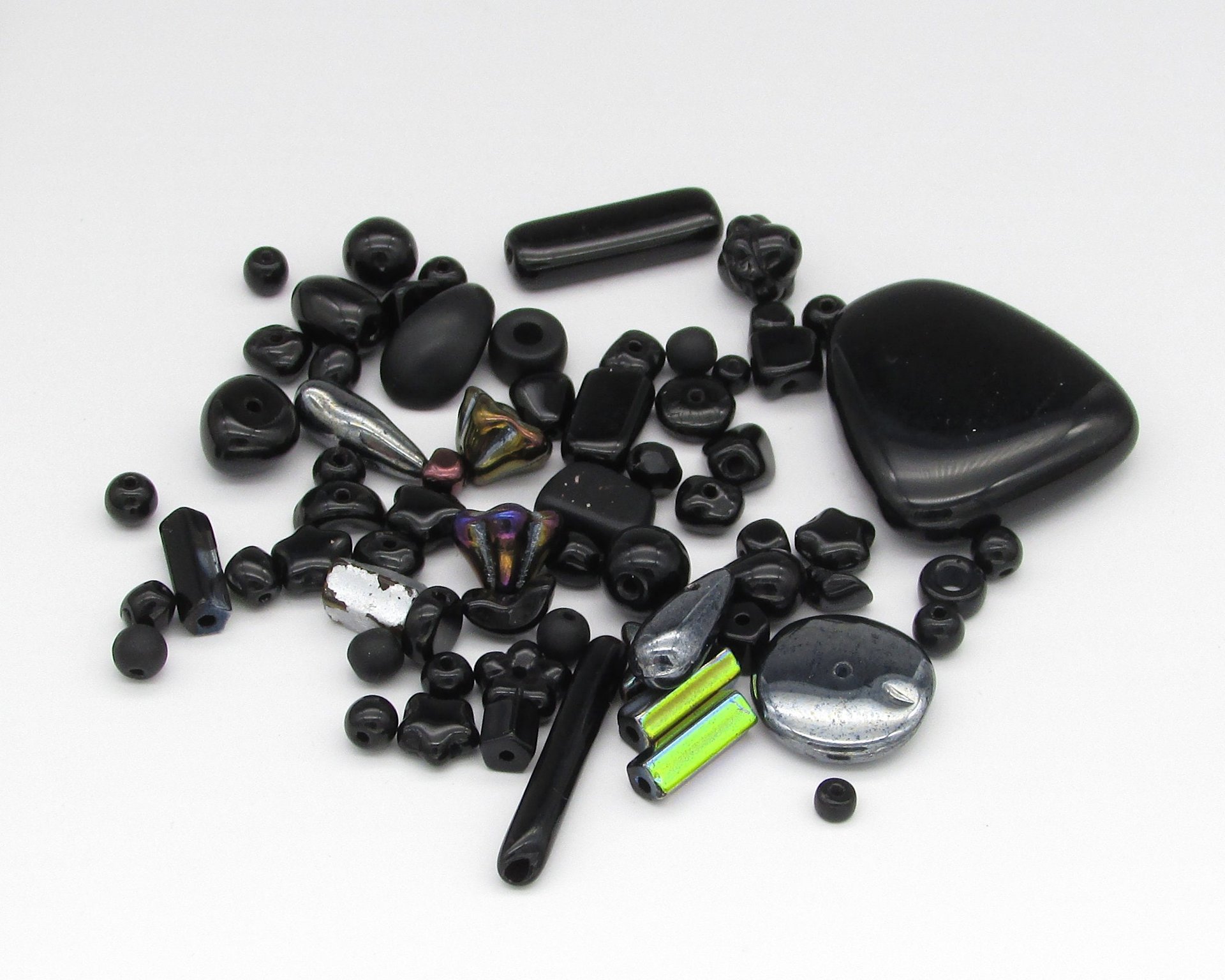 Black Bead Mix, Vintage Czech Pressed Glass