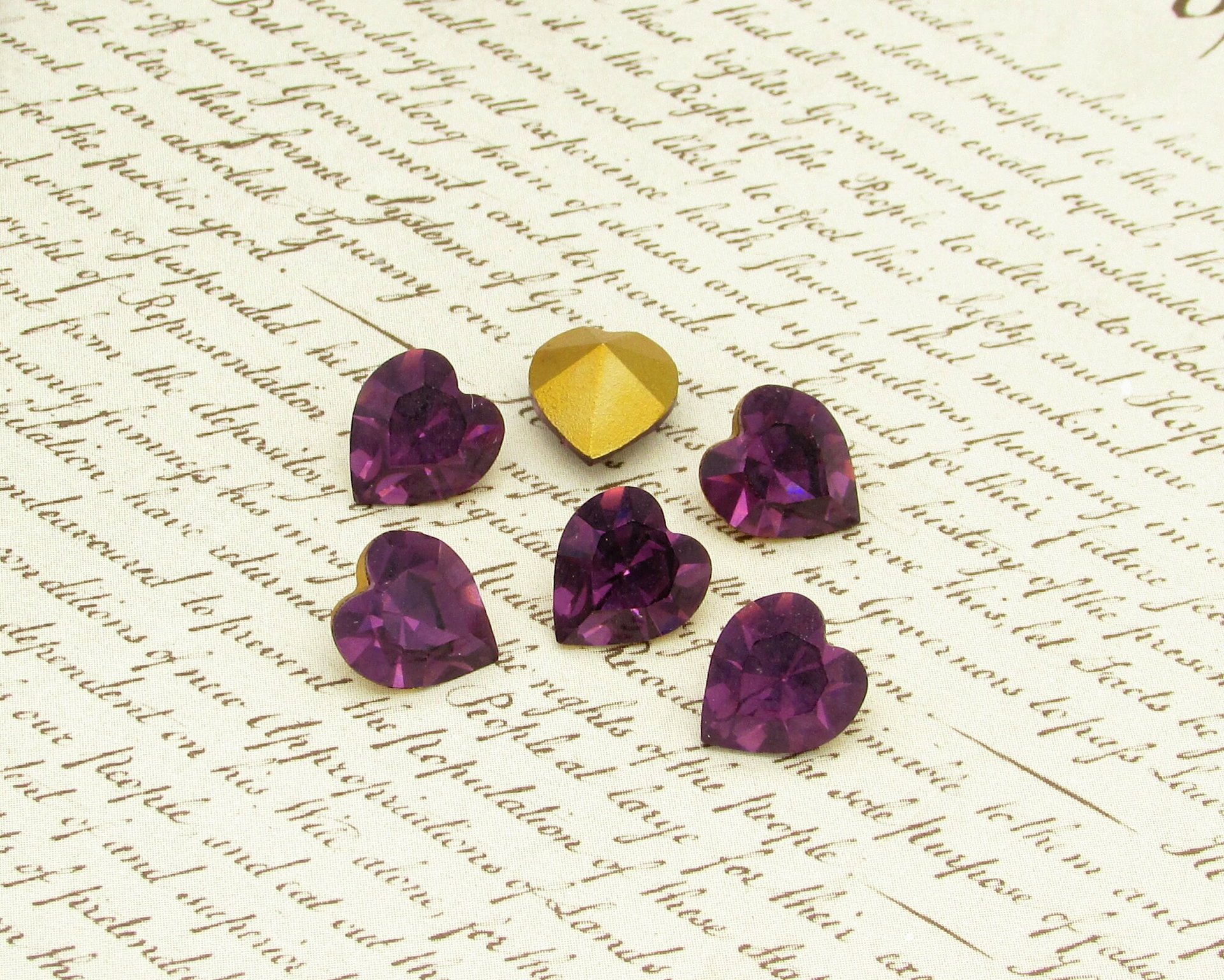 11mm Heart Point Back Rhinestones, Foiled Amethyst Vintage K. S. & Co