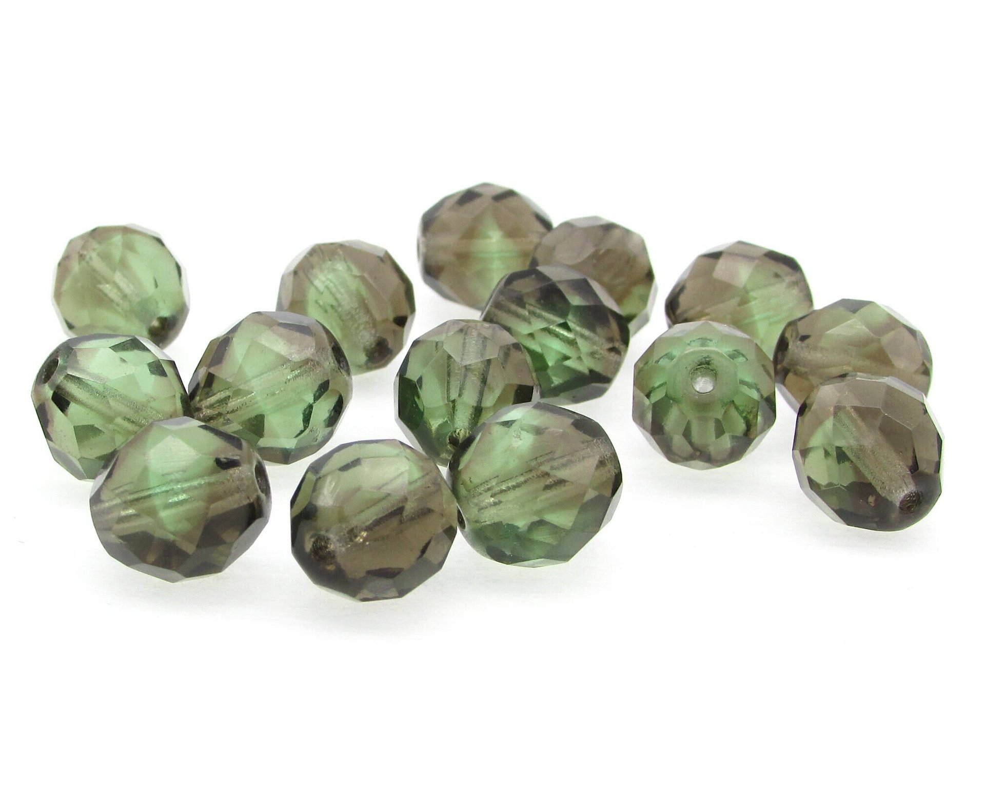 10mm Faceted Beads, Green and Brown Fire Polished Rounds