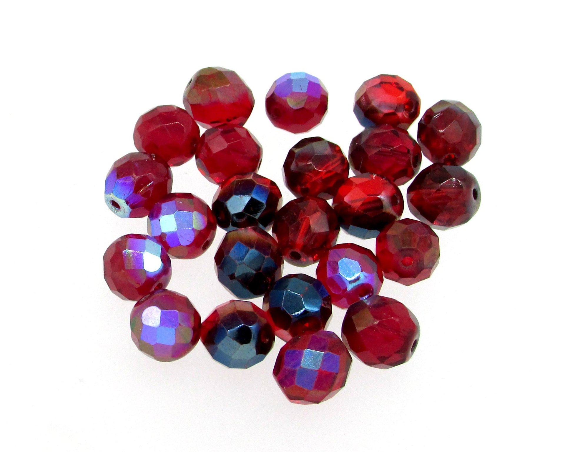 10mm Faceted Round Beads, Translucent Red Czech Fire Polished Glass Spacers, Bright Siam AB or Rich Garnet Shades