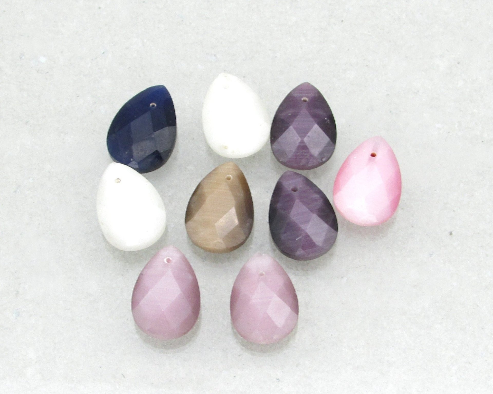 Faceted Flat Briolette Mix, Fiber Optic Glass Cat's Eye Teardrop Beads