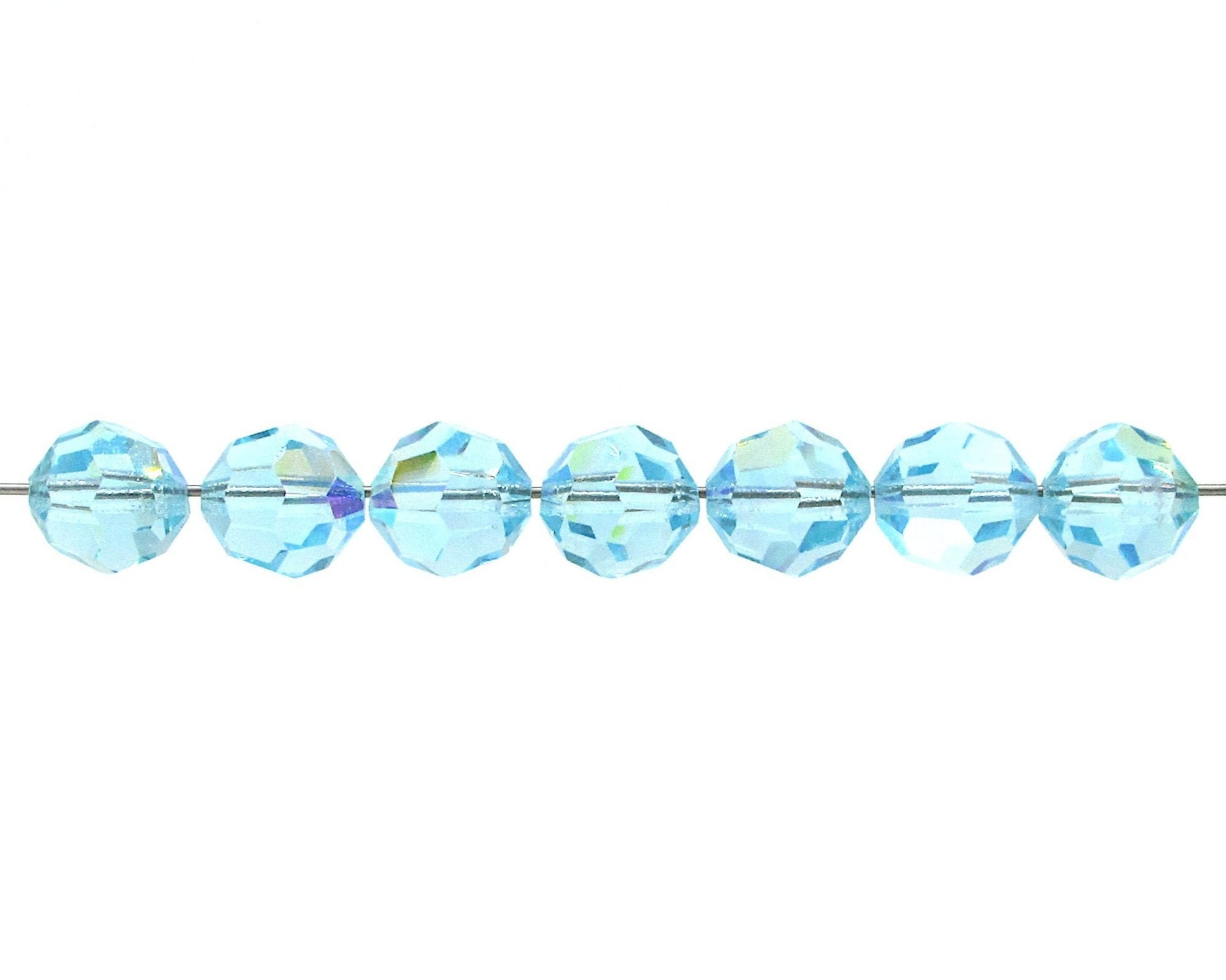 10mm Faceted Round Beads, Vintage Aqua AB Czech Machine Cut Crystal, Iridescent Pastel Blue-Green Spacers (12)