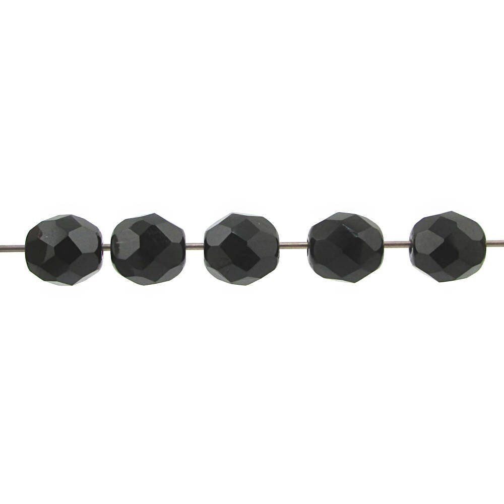 8mm Faceted Beads, Jet Black Czech Fire Polished Rounds (50)