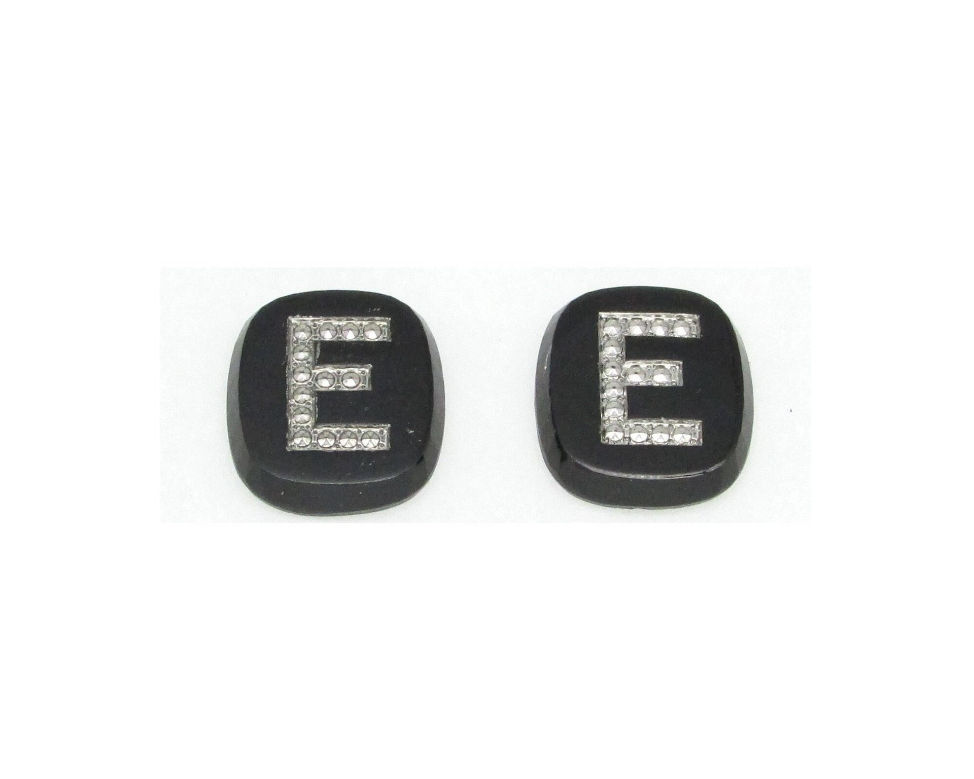 Vintage Initial Cabochon, Black Glass with Marcasite Letter, 16x15mm Flat Rounded Rectangle