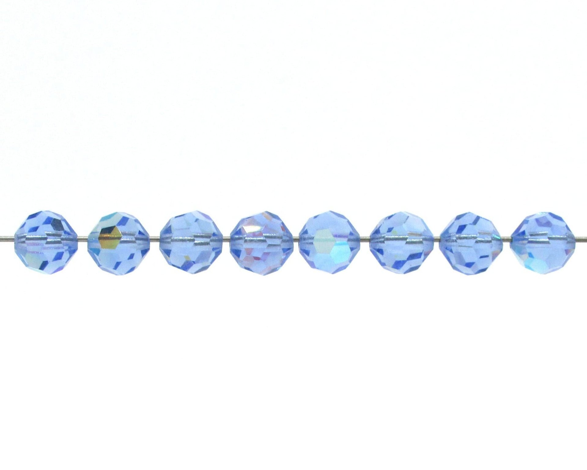 Vintage 8mm Faceted Round Beads, Light Sapphire AB Czech Machine Cut Crystal