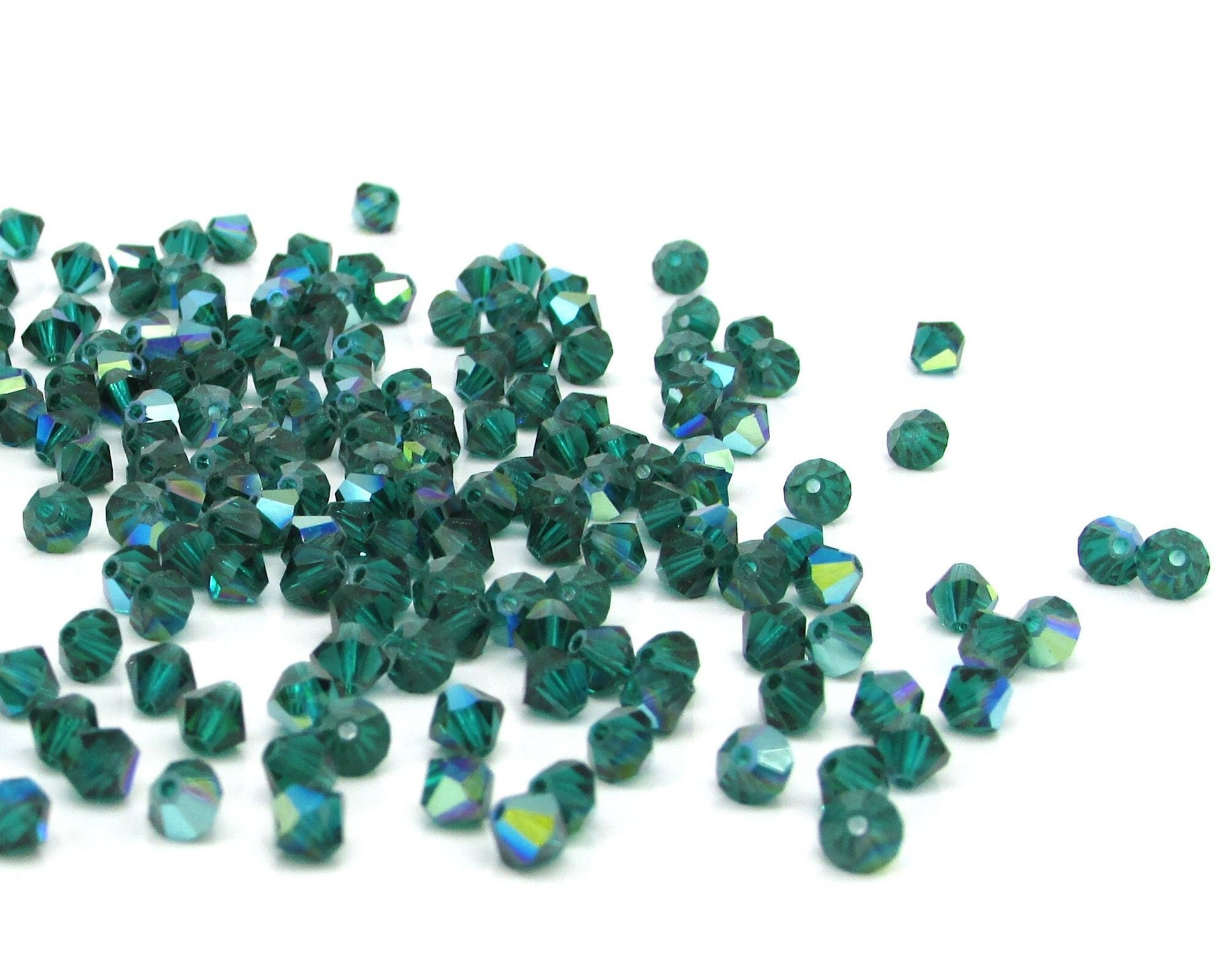 Vintage 4mm Bicone Beads, Emerald AB Machine Cut Crystal