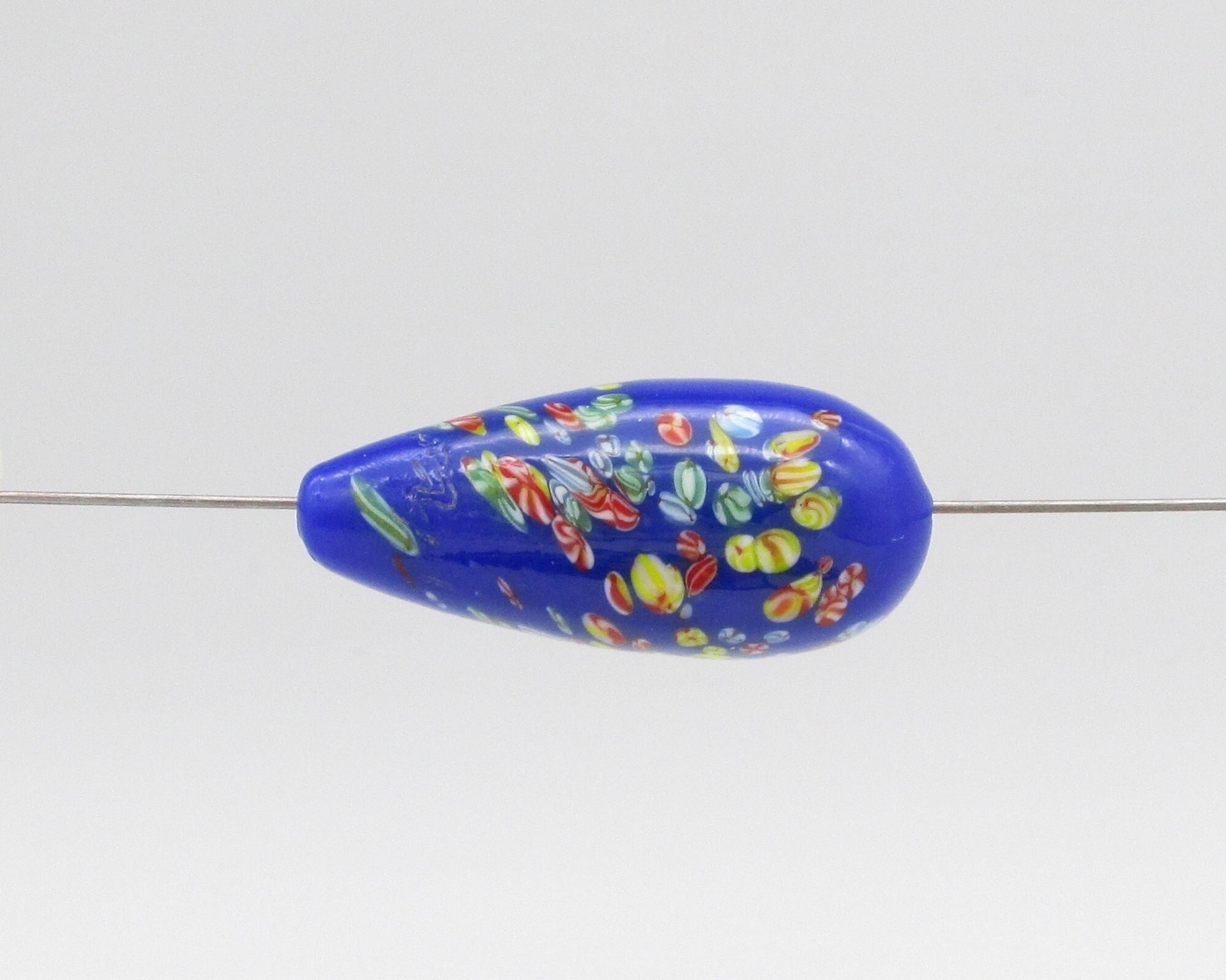 Vintage Teardrop Pendant 36mm, Blue Tombo Millefiori Glass Focal Bead