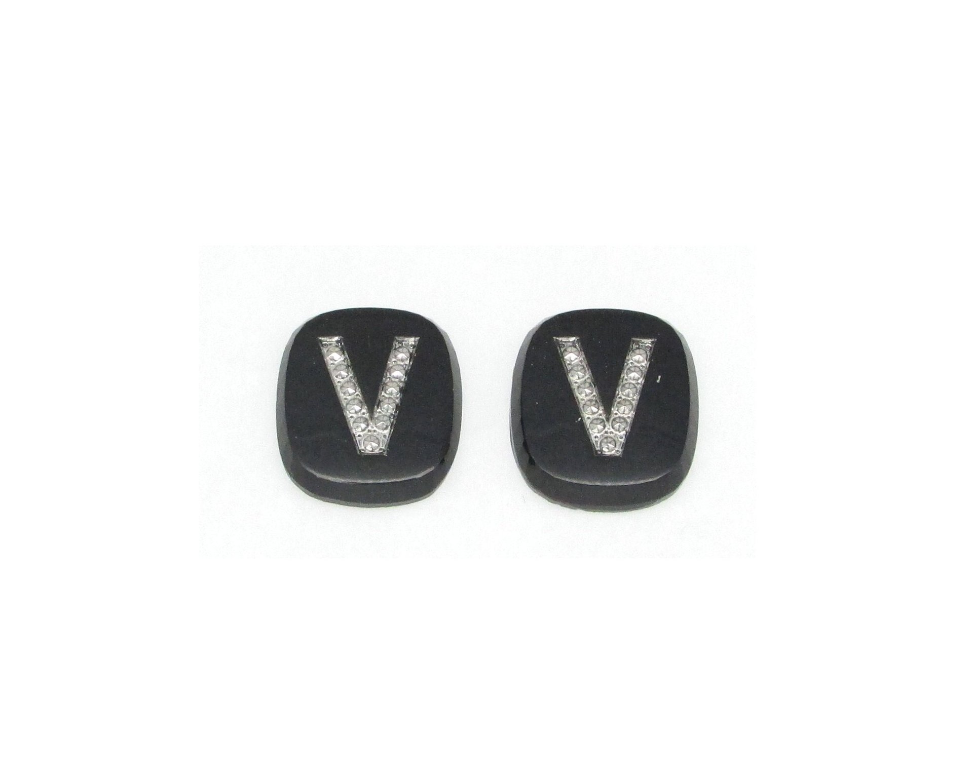 Vintage Initial Cabochon, Black Glass with Marcasite Letter, 16x15mm Flat Rounded Rectangle