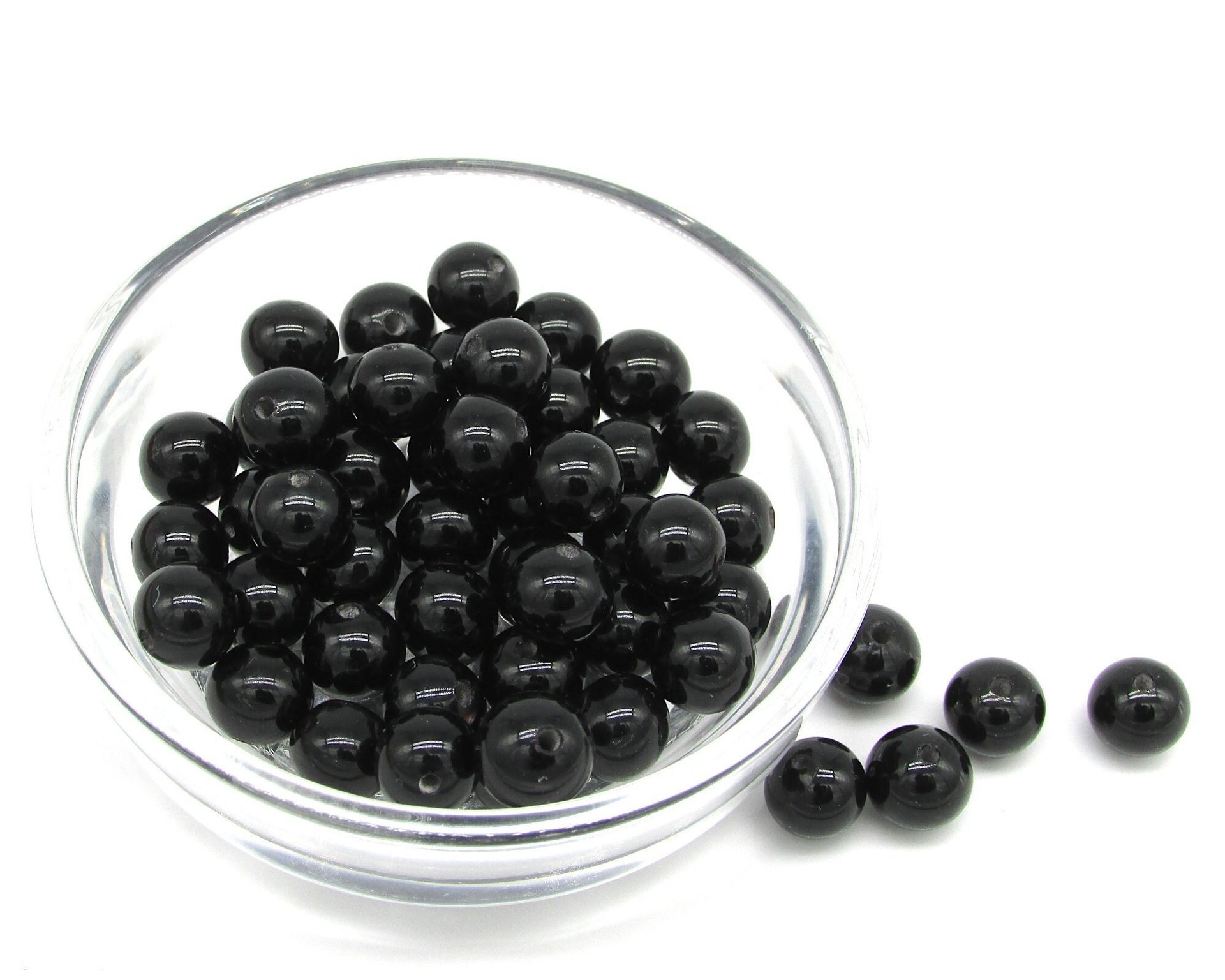 8mm Round Black Glass Beads, Glossy Opaque Jet Spacers (50)