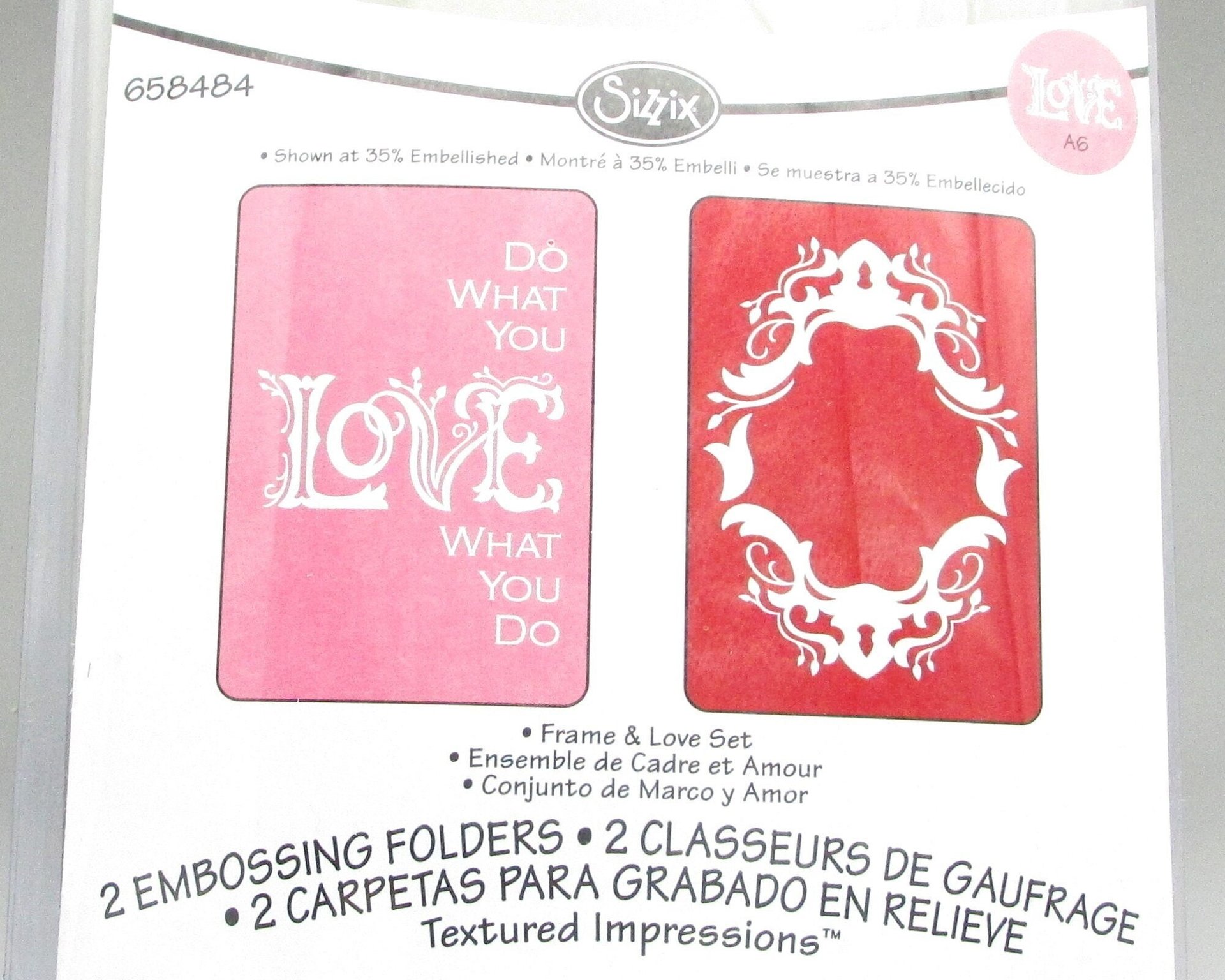 A6 Embossing Folder Set of 2 Sizzix Textured Impressions Frame and Love Set, New in Package