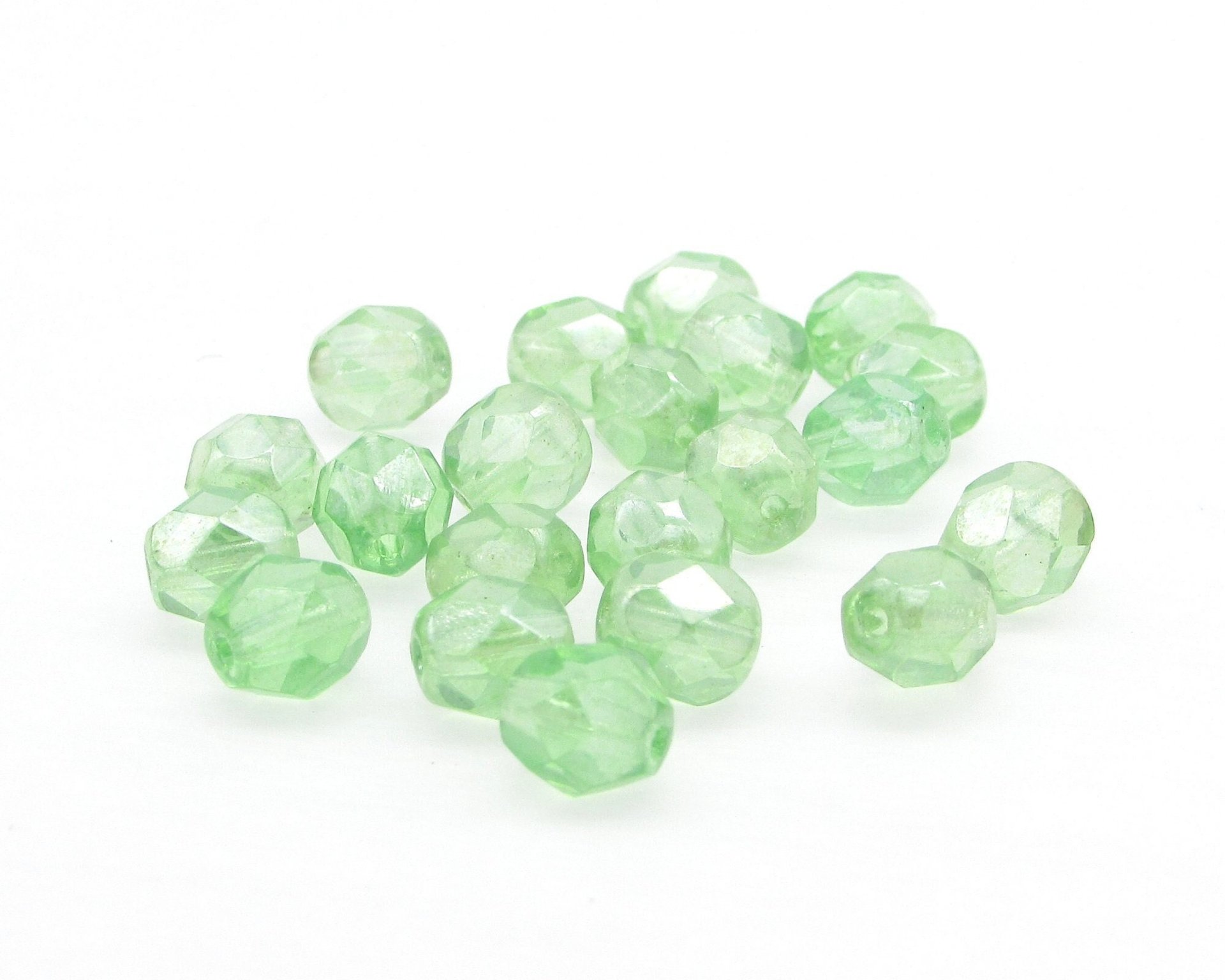 6mm Light Green Faceted Beads, Translucent Peridot AB Iridescent Czech Fire Polished Glass Rounds (25)