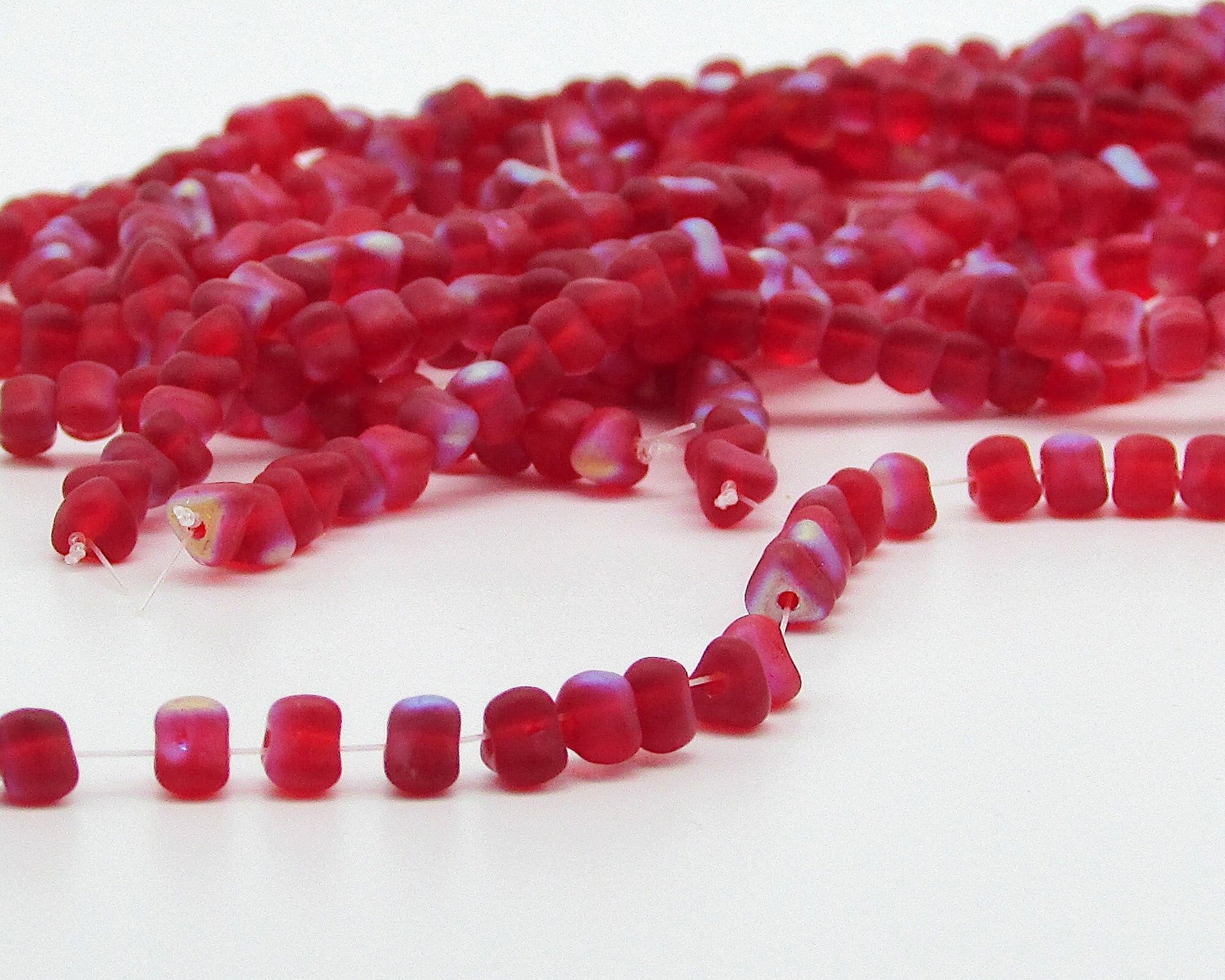 4mm Triangular Beads, Matte Ruby AB Small Flat Red Czech Pressed Glass Spacers