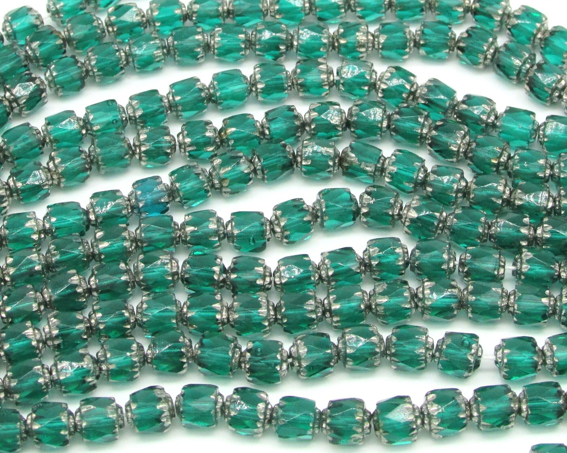6mm Faceted Cathedral Beads, Translucent Emerald Green with Silver Etched Crowns, Czech Fire Polished Barrels