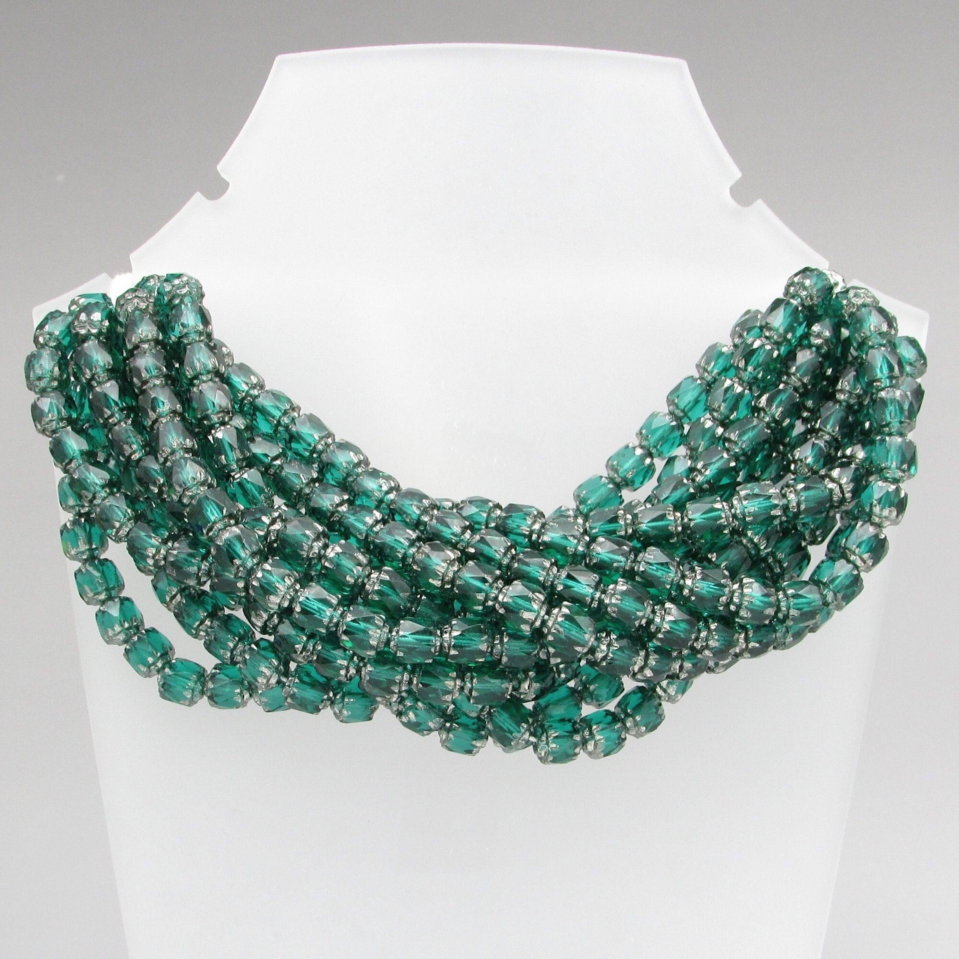 6mm Faceted Cathedral Beads, Translucent Emerald Green with Silver Etched Crowns, Czech Fire Polished Barrels