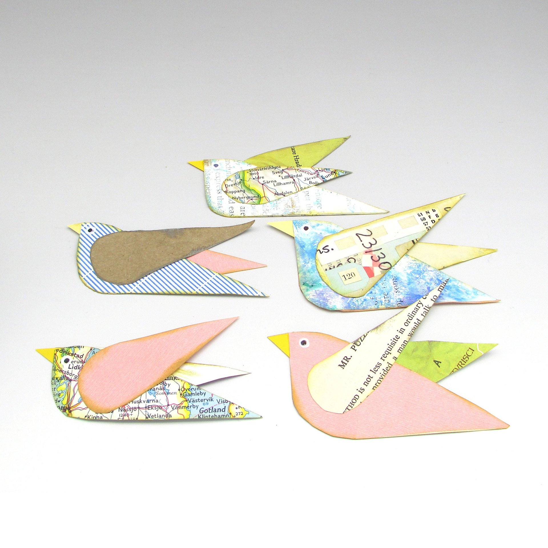 Paper Collage Birds Set of 5 Junk Journal Ephemera, Whimsical Scrapbook Embellishments