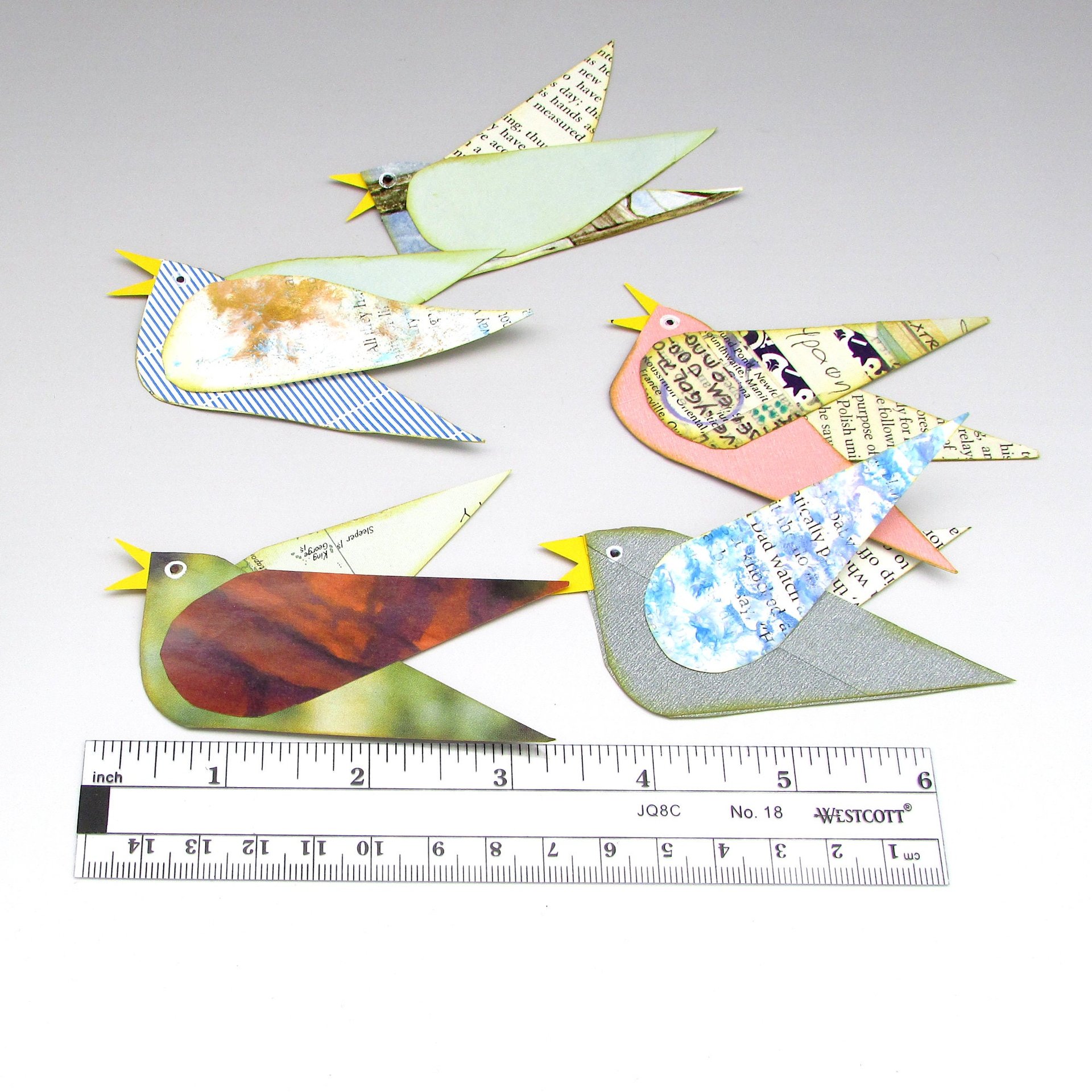 Paper Collage Birds Set of 5 Junk Journal Ephemera, Whimsical Scrapbook Embellishments