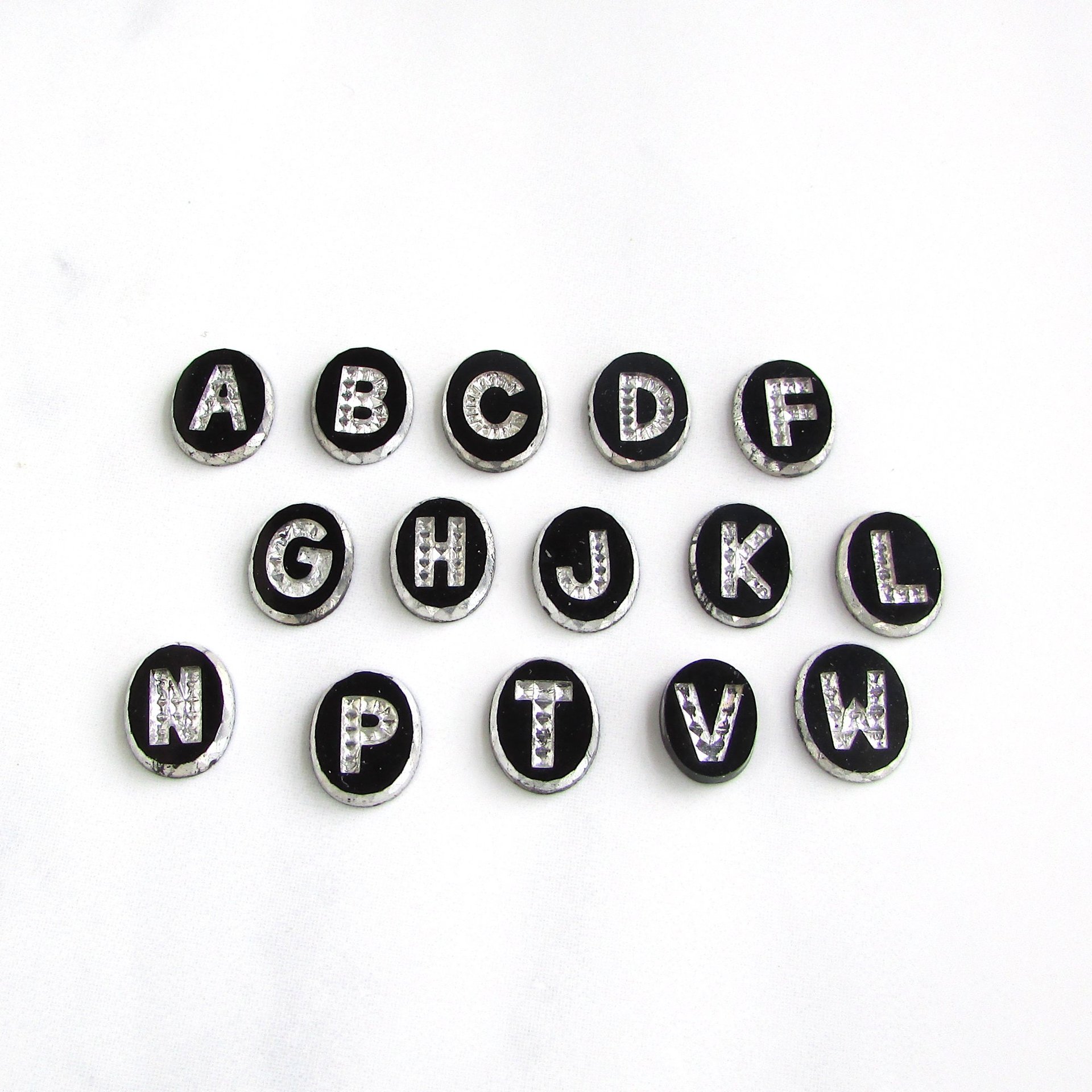 Vintage Initial Cabochon, Black Glass with Rhinestone Letter, 10x8mm Flat Oval