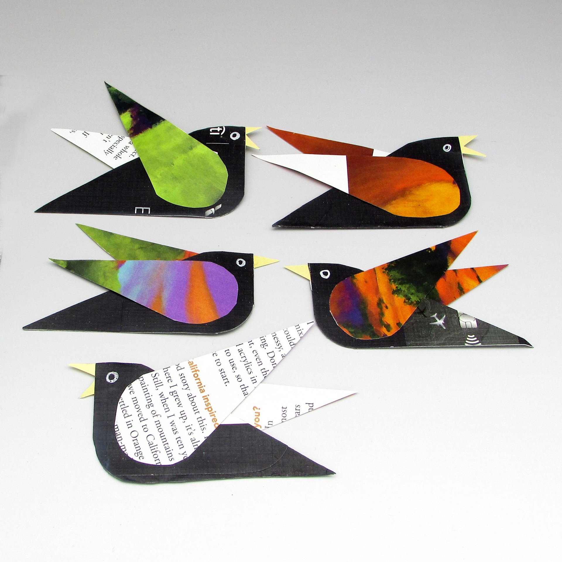 Paper Collage Birds Set of 5 Junk Journal Ephemera, Whimsical Scrapbook Embellishments