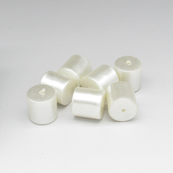 Vintage white plastic pearl cylinder beads measure approximately 20mm long and 20mm wide, with a 2mm diameter lengthwise hole.