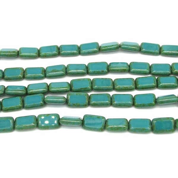 12x8mm Rectangular Window Beads, Opaque Turquoise with Green Picasso