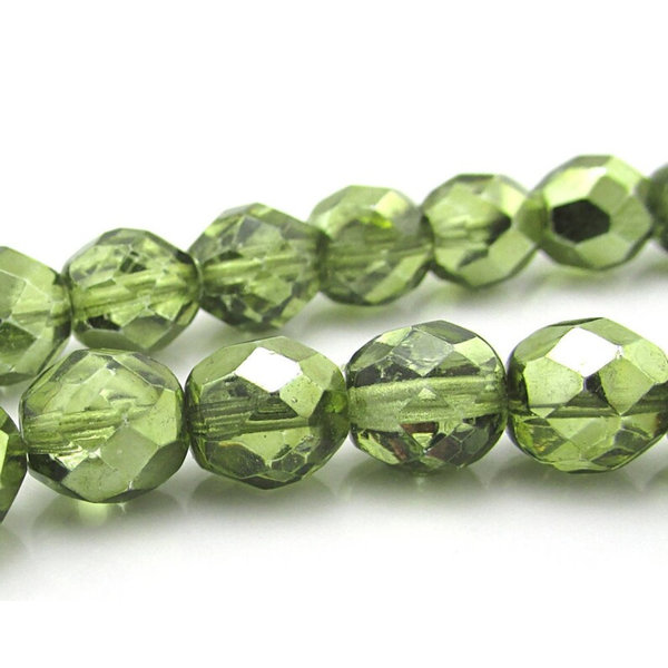 Olivine AB 8mm Faceted Round Glass Beads