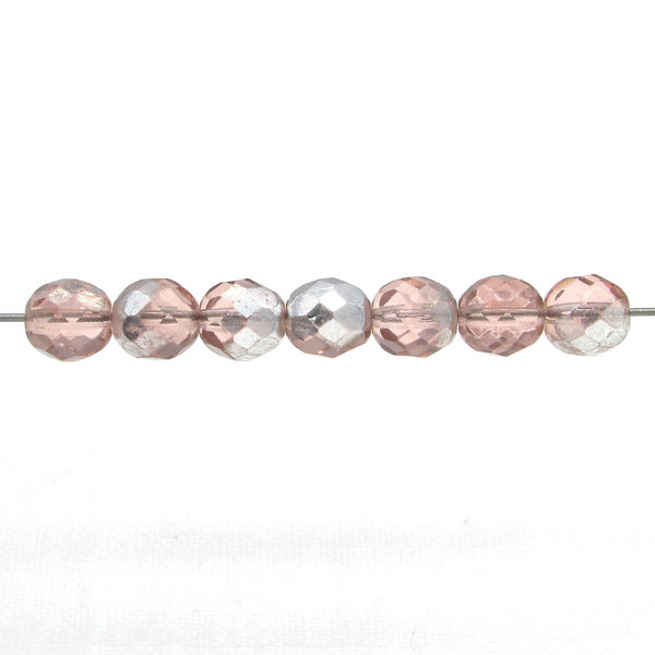 8mm Faceted Rounds, Rosaline Silver Czech Fire Polished Glass Beads (20)