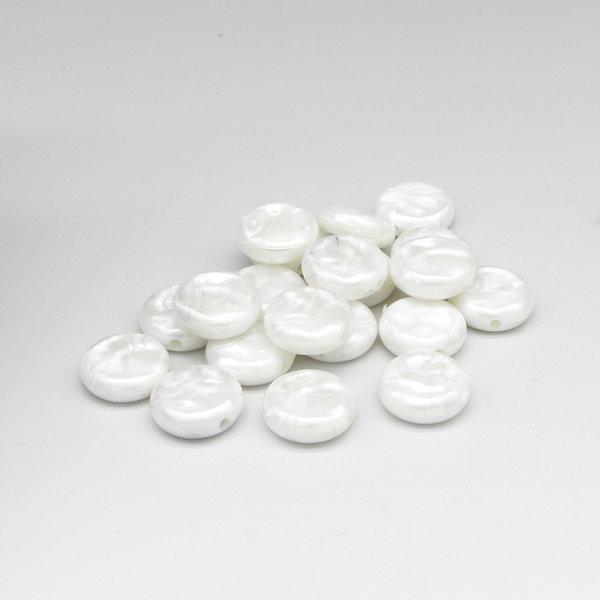 Opaque white plastic beads measure 14mm in diameter and 4mm thick, with a 1.3mm side-drilled hole. Beads have a wrinkly texture on their front and back that adds extra interest to their pearlized lustre.                     
